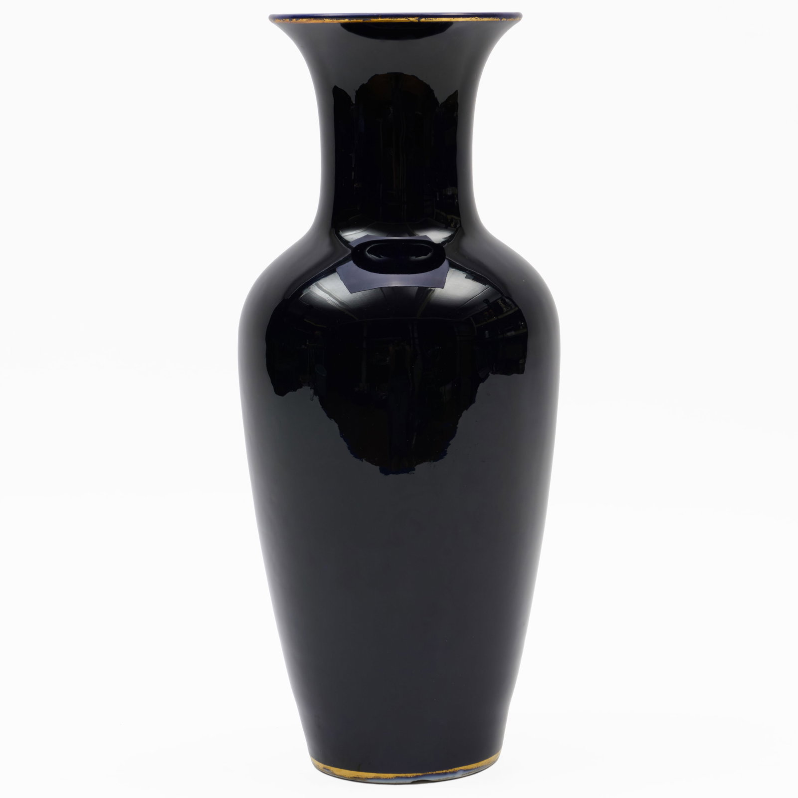 French Cobalt Ground and Gilt Rim Porcelain Baluster Vase: French Cobalt Ground and Gilt Rim Porcelain Baluster Vase Iron red painted monogram mark and incised mark.18 x 7 in. diam. The Collection of James M. Labaugh Antiques, Pound Ridge, NY.