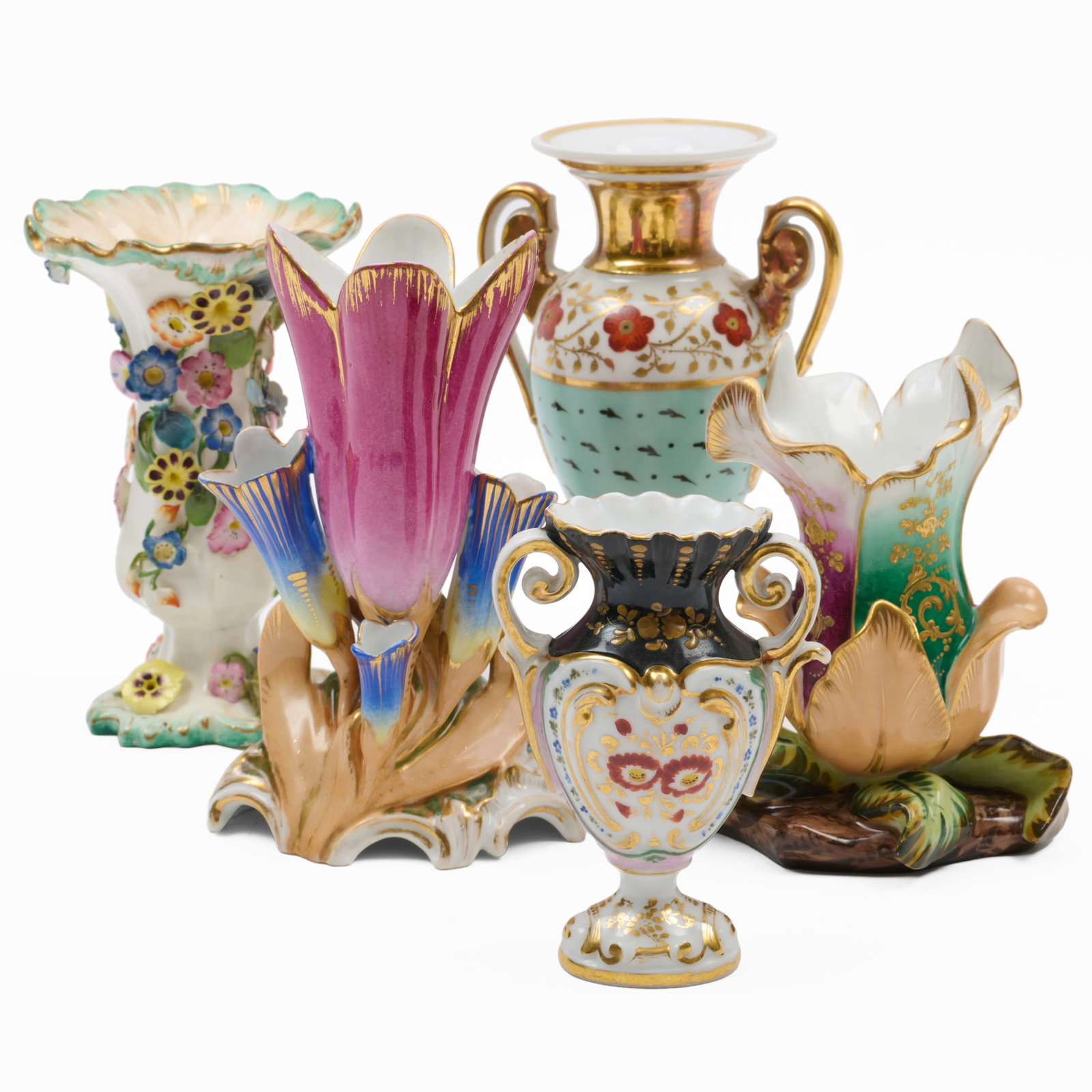 Group of Five English Flower Form or Flower Decorated Gilt Porcelain Bud Vases (1 of 14)
