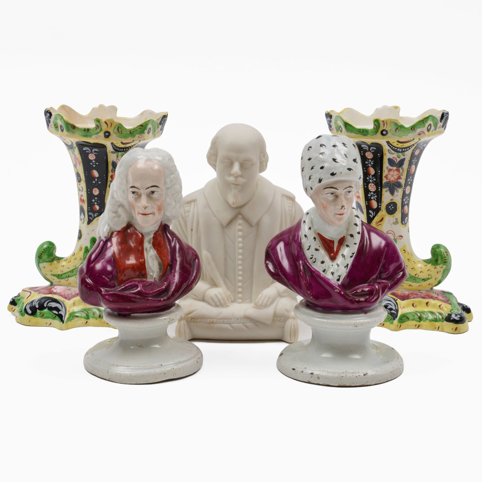 Pair of Staffordshire Cornucopia Spill Vases and Three Busts of Writers and Philosophers (1 of 20)