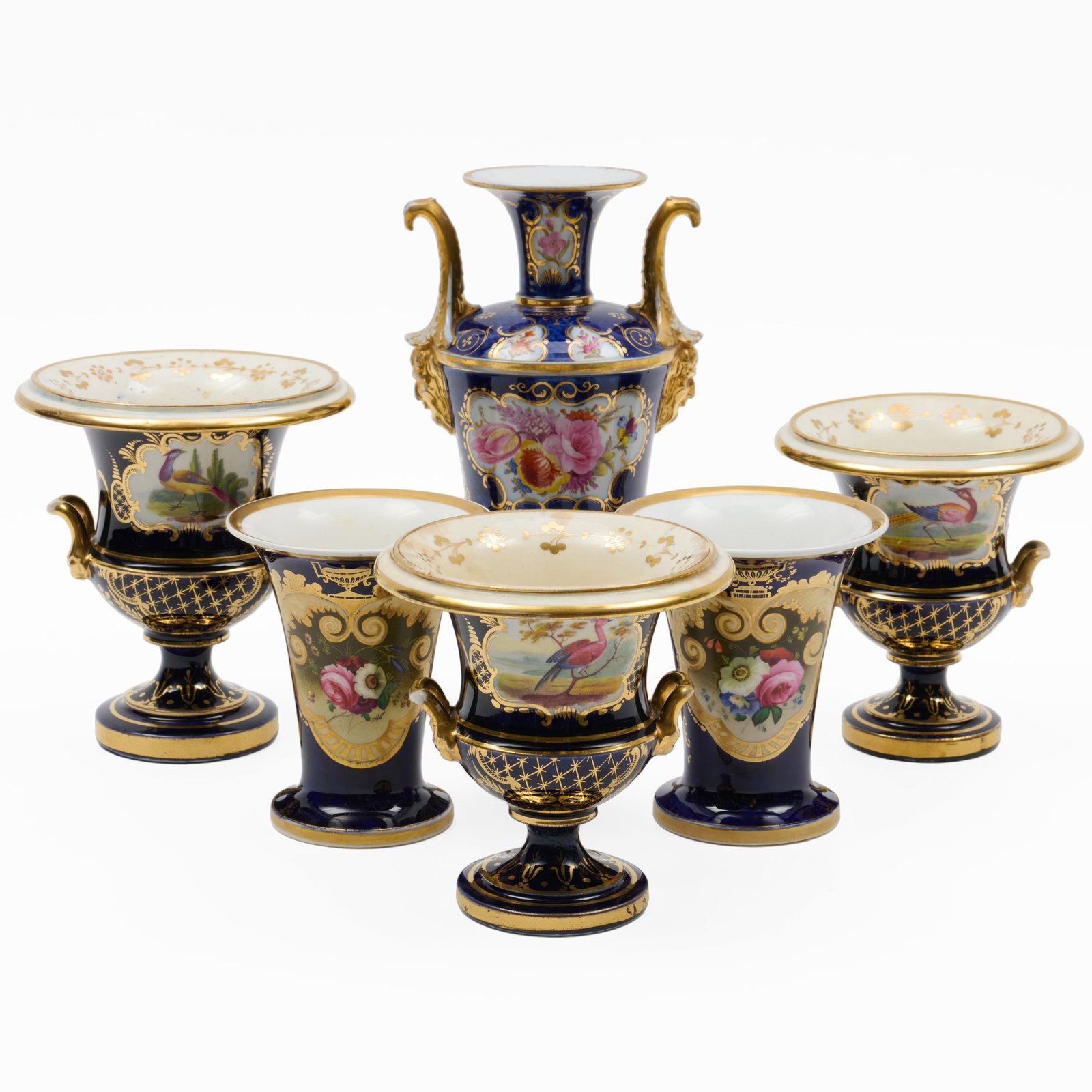 Assembled English Six Piece Cobalt Ground Porcelain Garniture (1 of 18)