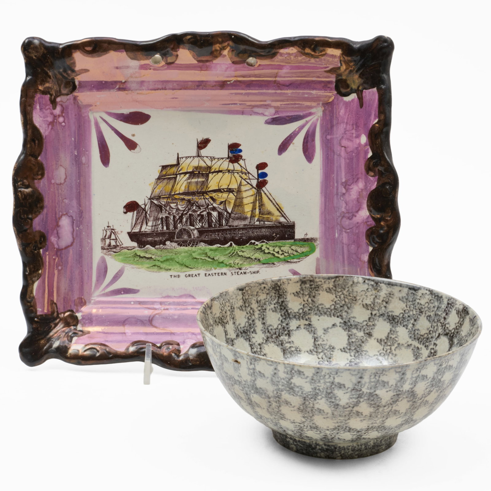 English Lustreware Tray and a Spatter Decorated Porcelain Bowl: English Lustreware Tray and a Spatter Decorated Porcelain Bowl Unmarked.The tray 8 x 9 in., the bowl 2 1/2 x 6 in. diam. Property from the Collection of James M. Labaugh Antiques, Pound Ridge, NY