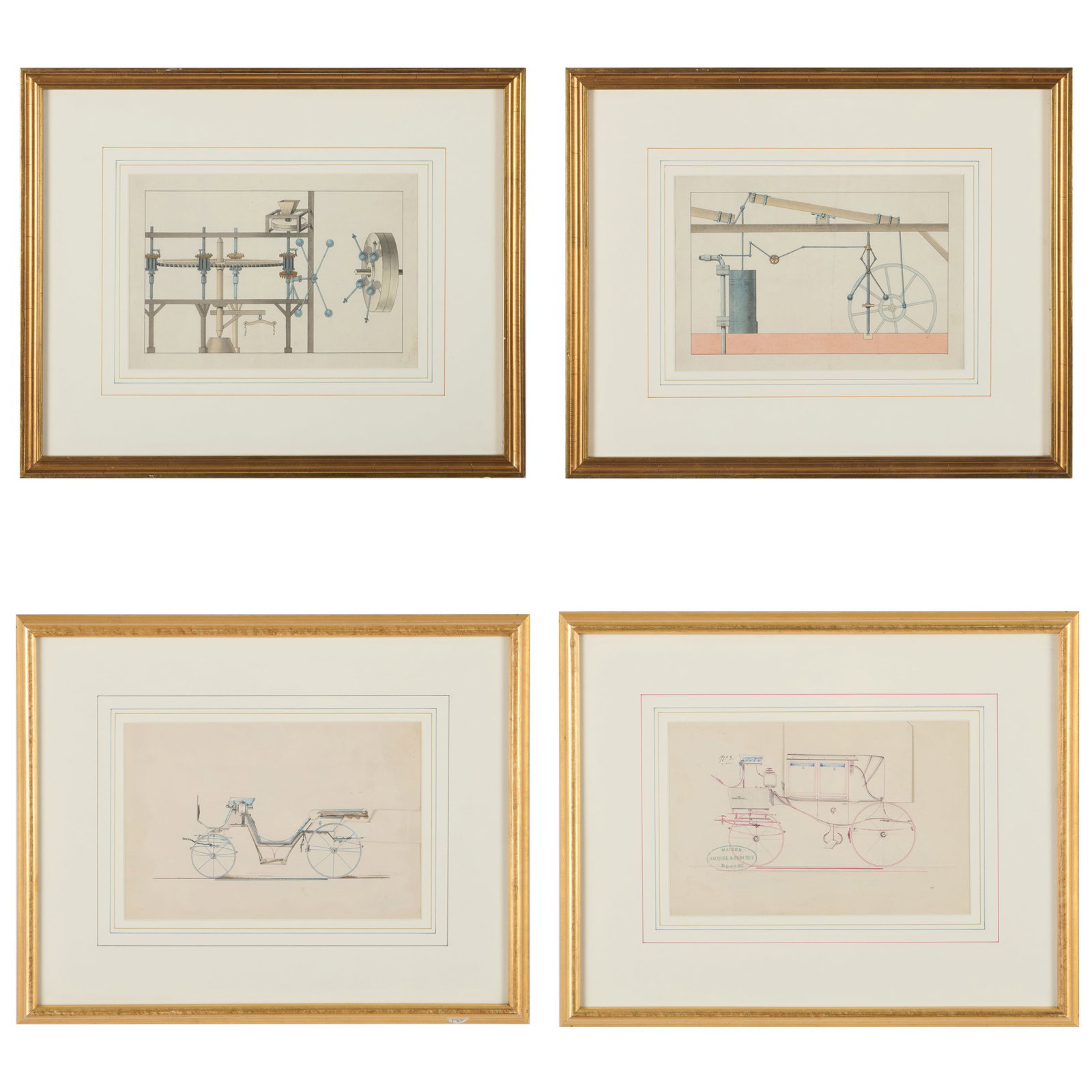 European School: Designs for Carriages and Mechanical Designs: Group of Four: European School: Designs for Carriages and Mechanical Designs: Group of Four Four ink and watercolor on paper, two with paper collage, all unsigned, two variously inscribed on the reverse, one with