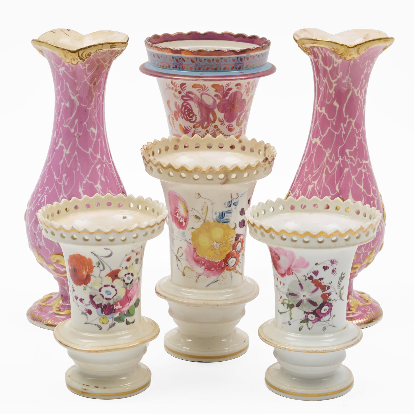 Group of Six English Porcelain Pink Ground and Flower Decorated Vases (1 of 17)