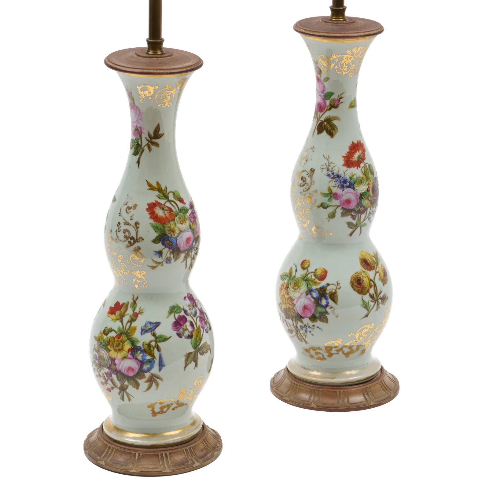 Pair of English or French Celadon Ground Flower Decorated Porcelain Vases Mounted as Lamps (1 of 6)