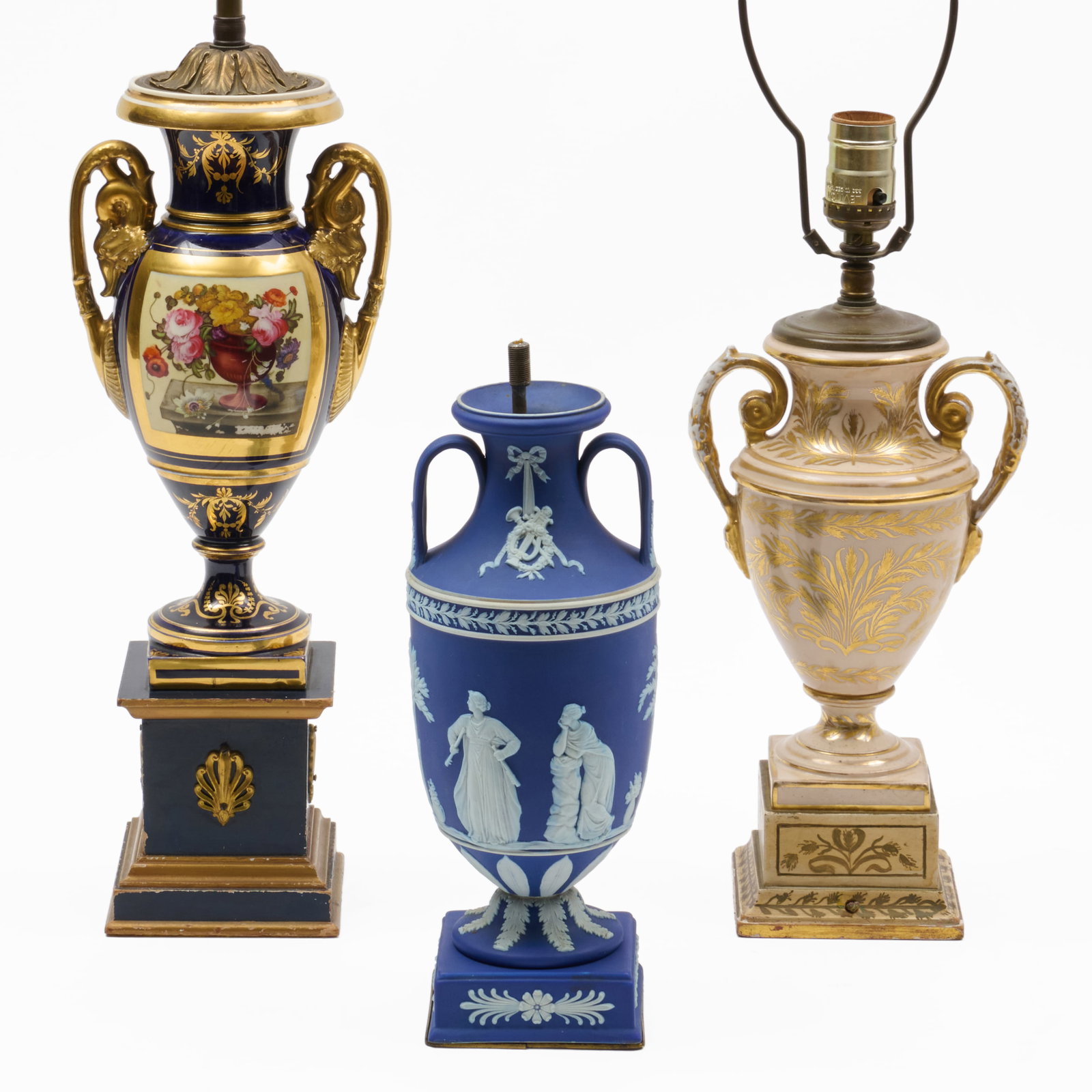 Group of Three English Porcelain and Jasperware Urn Form Vases Mounted as Lamps (1 of 6)