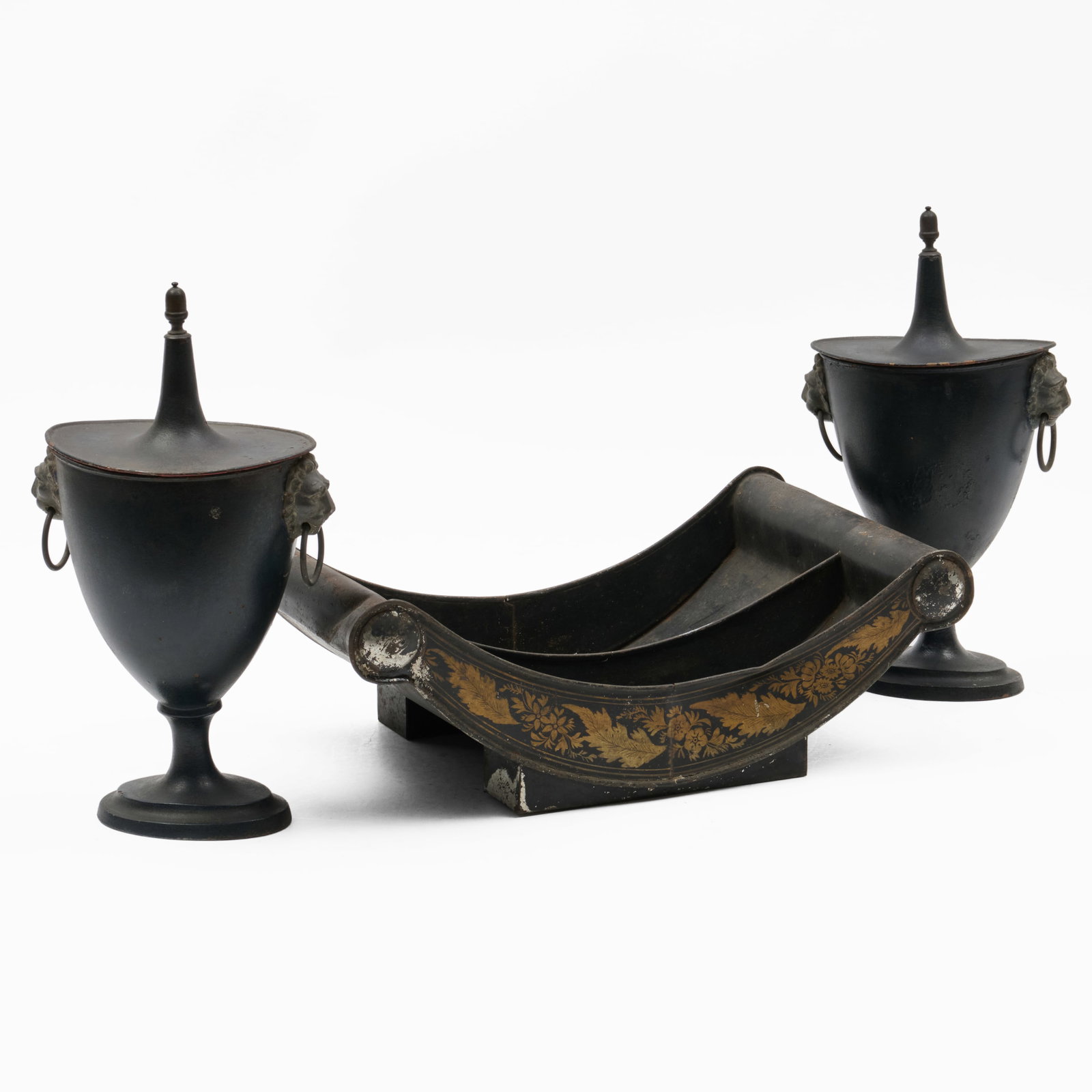 Pair of Tole Peinte Urns and Covers and a Tole Peinte Cheese Coaster (1 of 18)