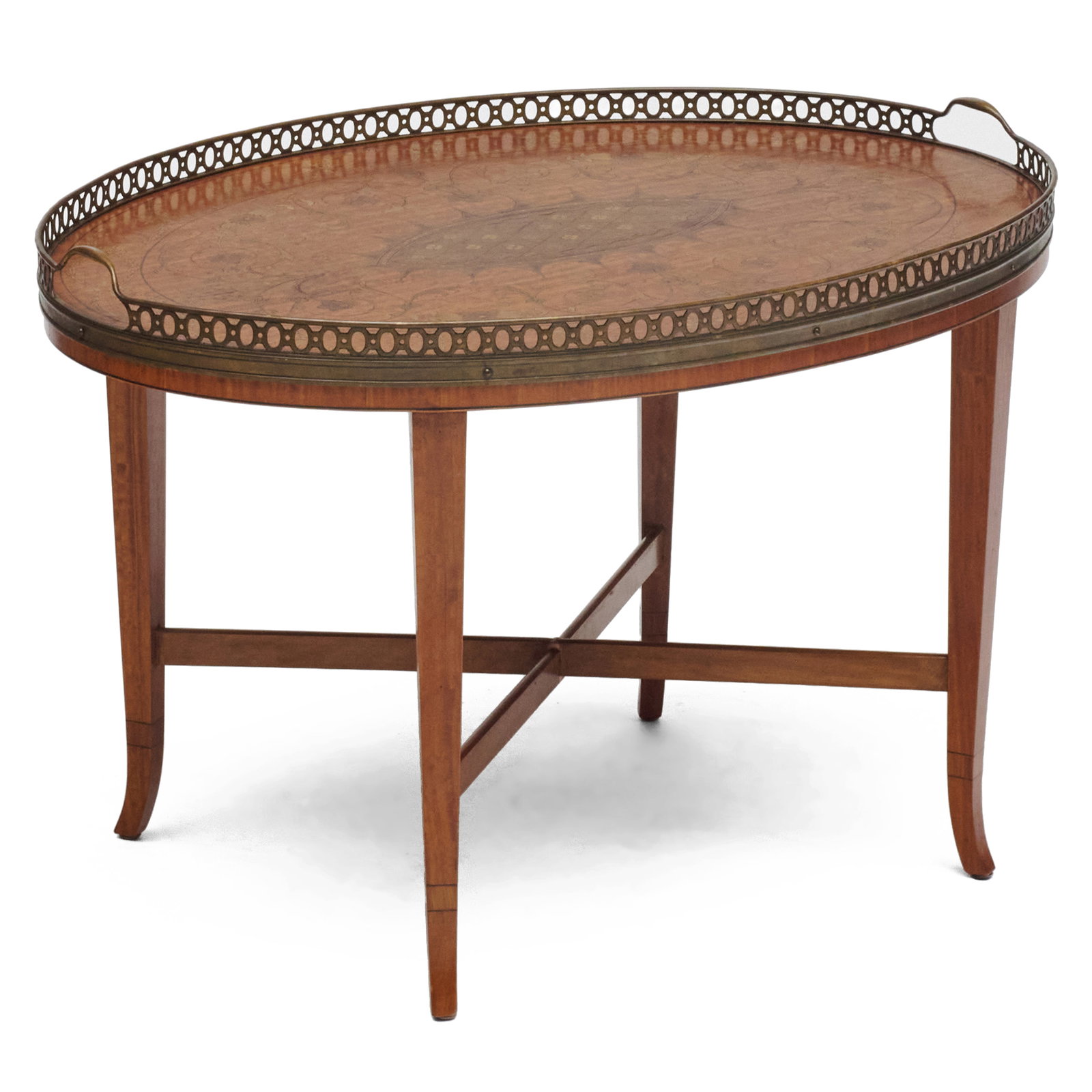 Edwardian Brass-Mounted Inlaid Satinwood Tray on Stand: Edwardian Brass-Mounted Inlaid Satinwood Tray on Stand 20 x 30 1/2 x 22 in.