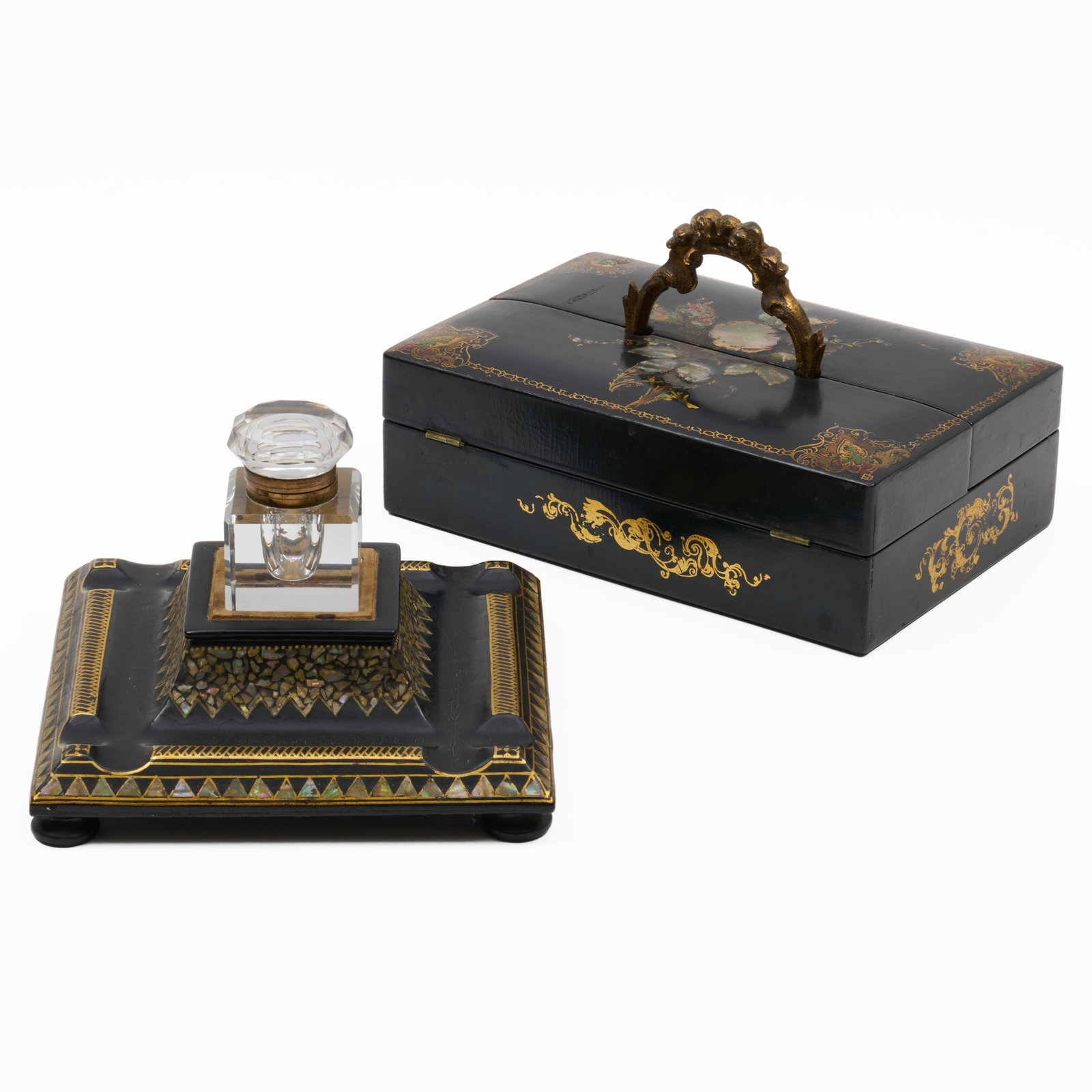Cut Glass and Mother-of-Pearl-Inlaid and Parcel-Gilt Papier-Mache Inkwell, Together with a (1 of 14)