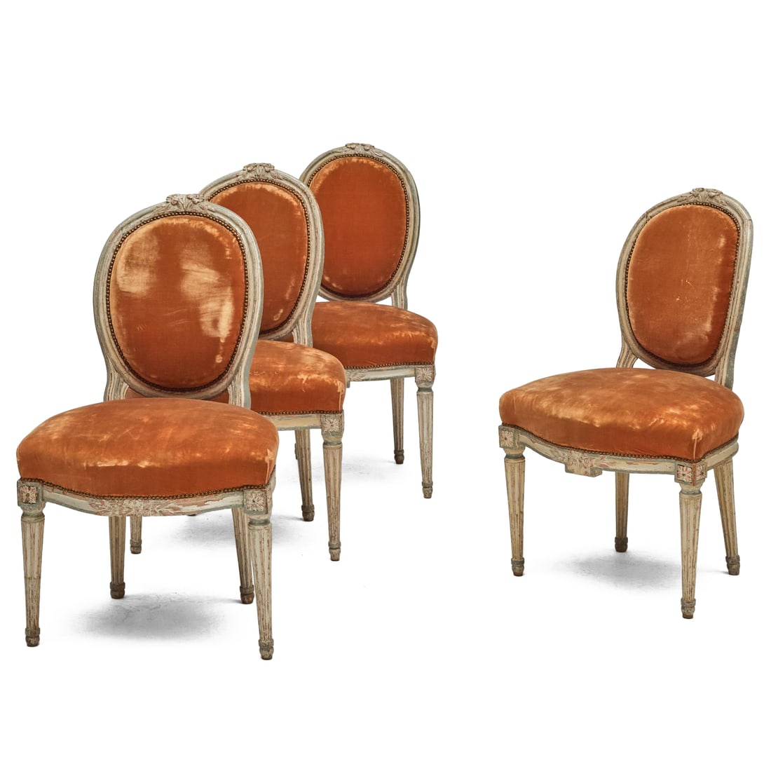 Set of Four Louis XVI Cream and Polychrome Painted Velvet Upholstered Chaises en Cabriolet (1 of 7)