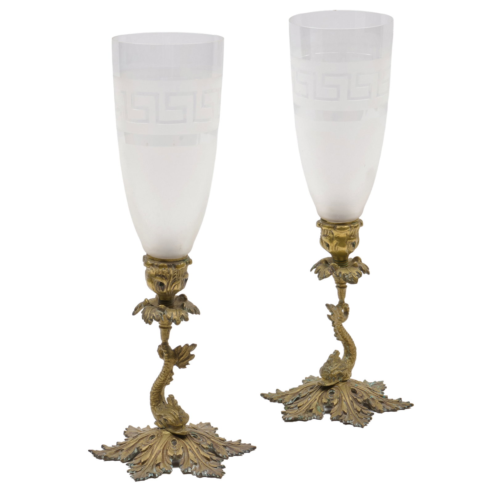 Pair of Continental Baroque Style Brass Dolphin Form Candlestick Photophores: Pair of Continental Baroque Style Brass Dolphin Form Candlestick Photophores 18 1/2 x 8 in. diam., the base. The Collection of James M. Labaugh Antiques, Pound Ridge, NY.