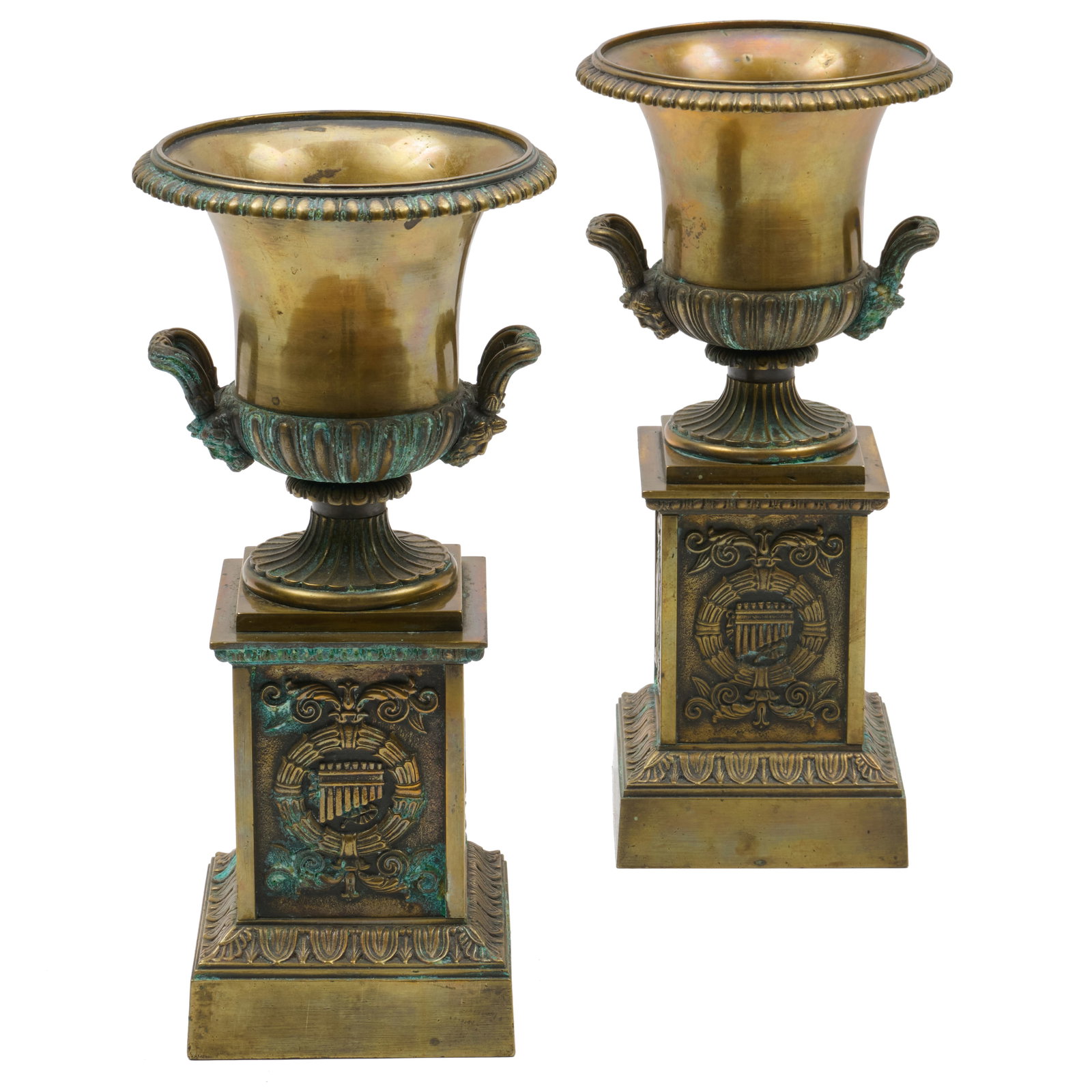 Pair of Brass Urns Depicting the Arts: Pair of Brass Urns Depicting the Arts 13 1/4 x 5 x 5 in. The Collection of James M. Labaugh Antiques, Pound Ridge, NY.