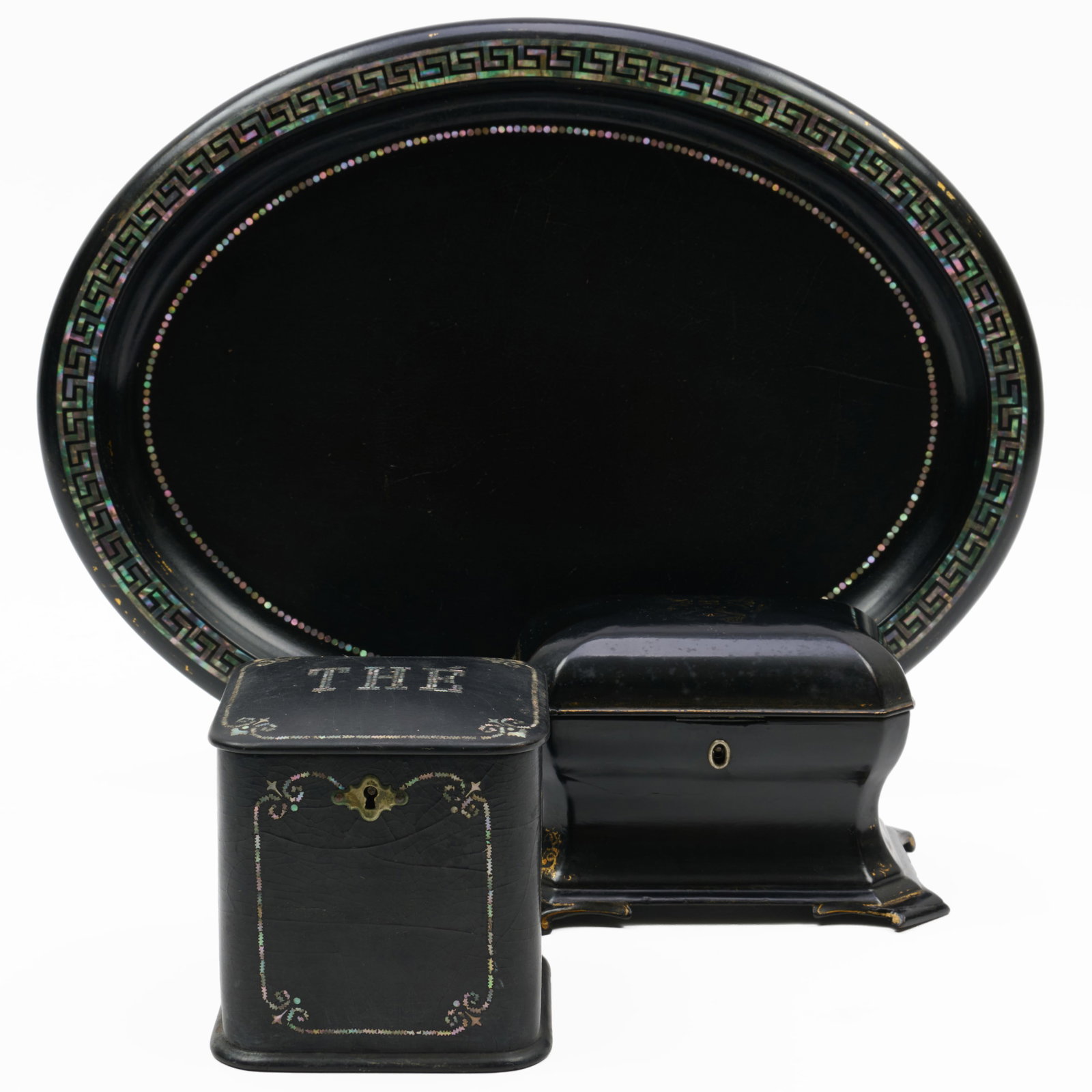 Mother-of-Pearl-Inlaid Black Lacquer Papier-Mache Tray and Tea Caddy, Together with a Black Lacquer (1 of 18)