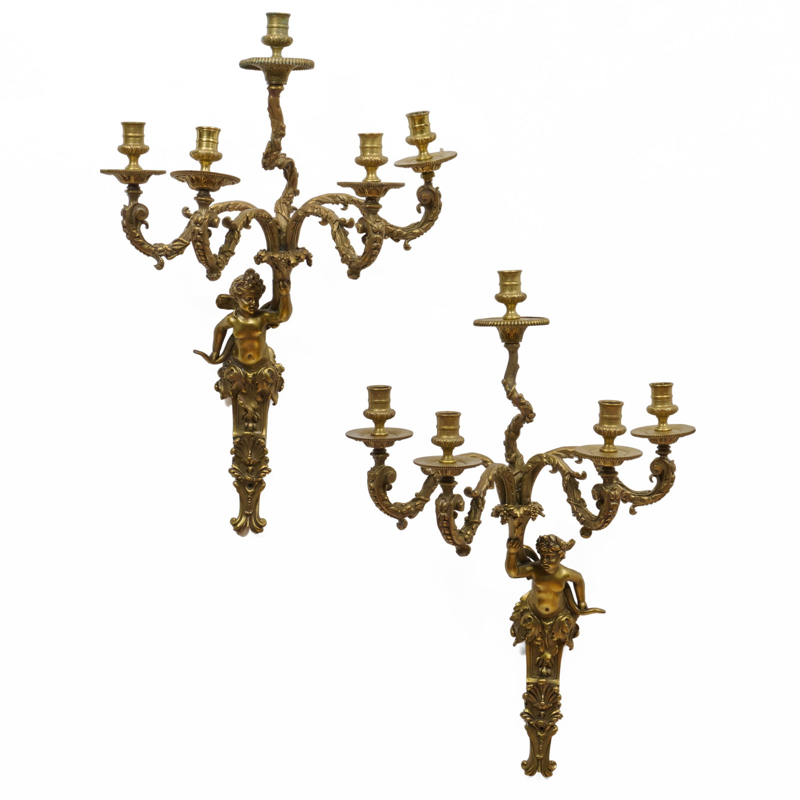 Pair of Neoclassical Style Brass Five Light Figural Wall Lights (1 of 8)