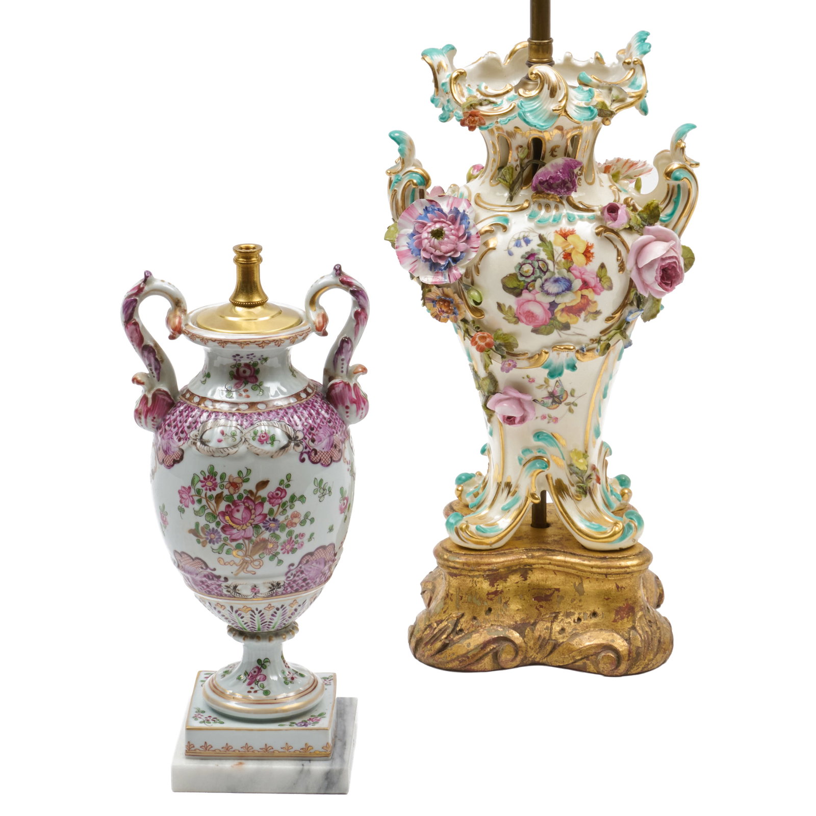 Two Flower Decorated Porcelain Vases Mounted as Lamps (1 of 6)