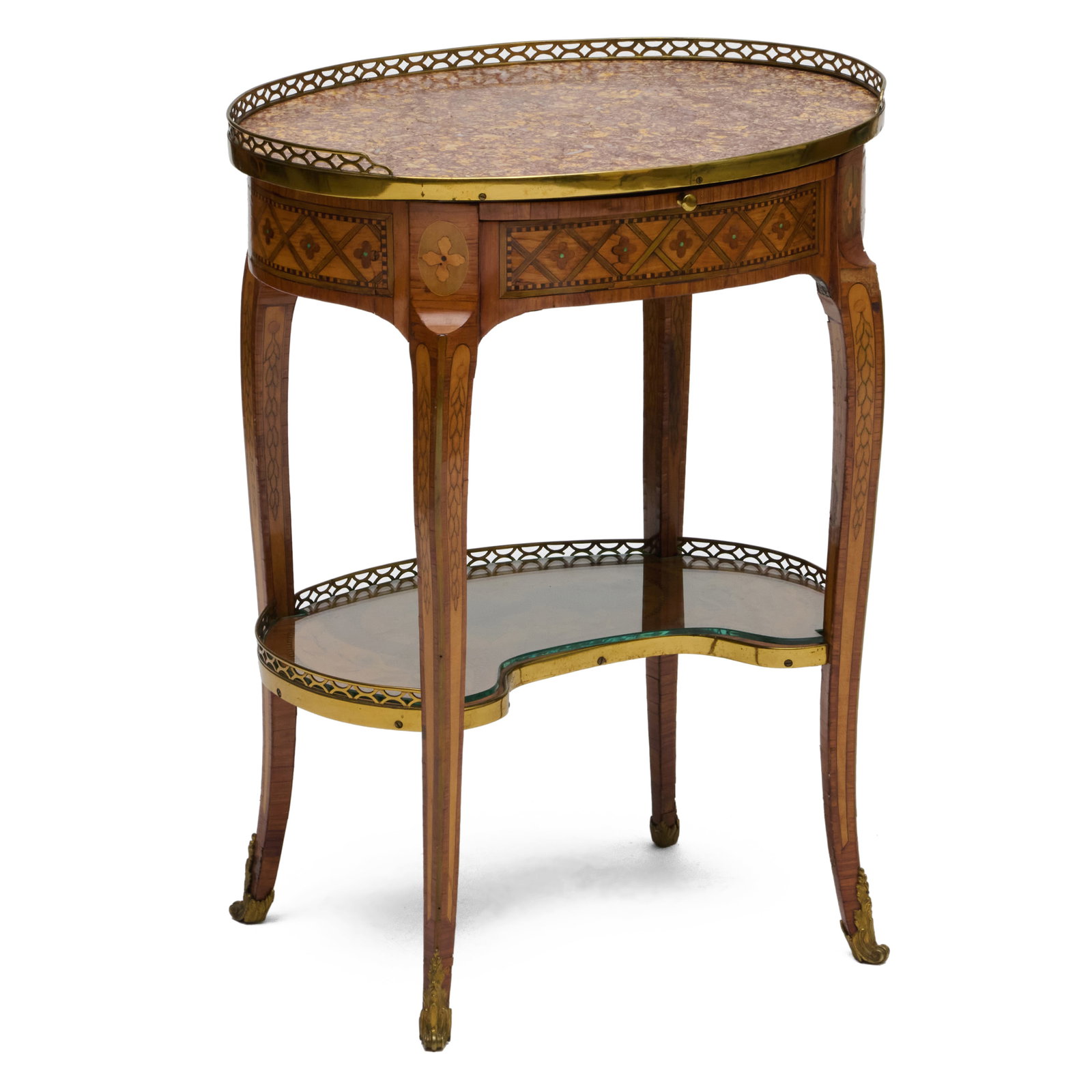 Louis XV Brass-Mounted Fruitwood and Marquetry Table a Ecrire with Marble Top (1 of 12)