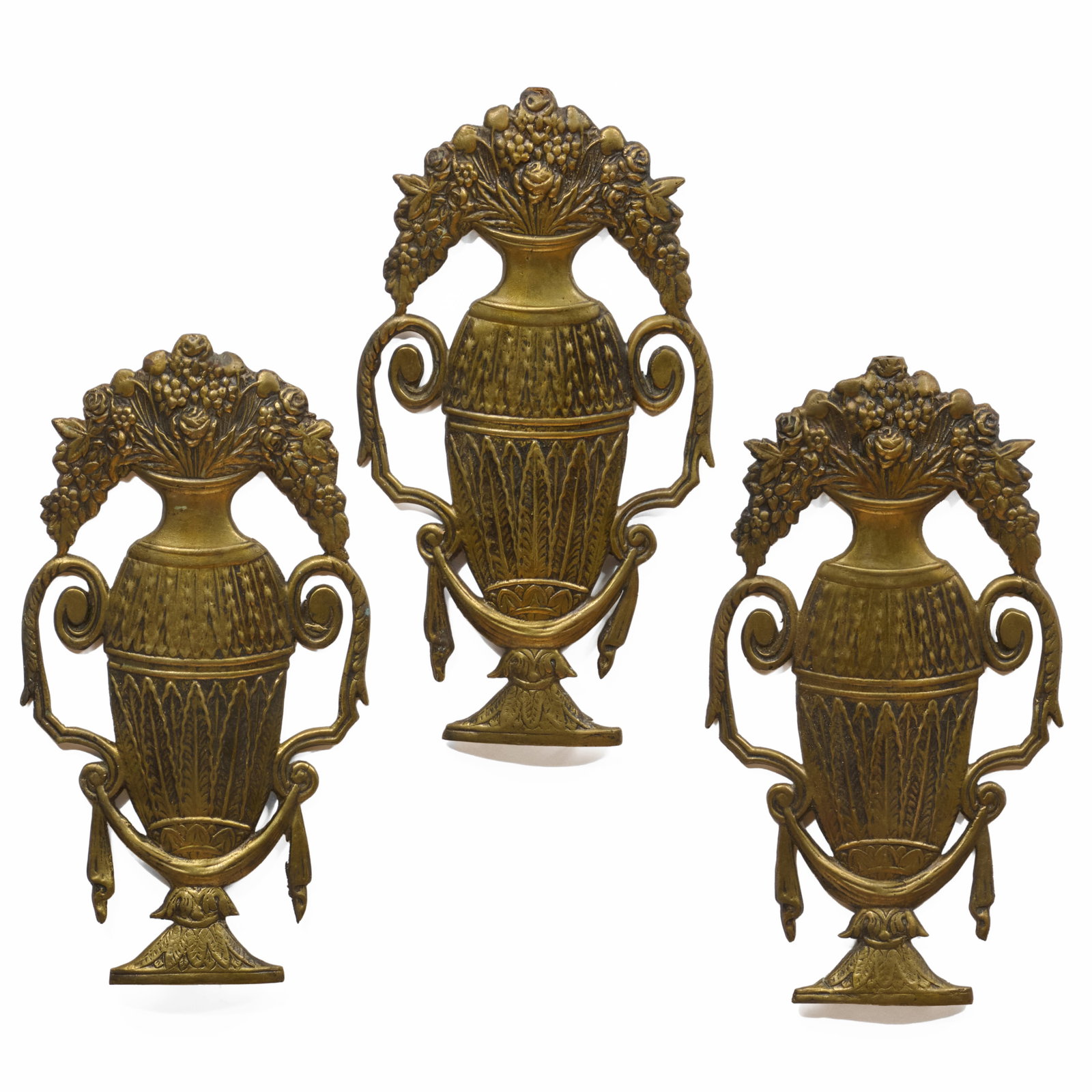 Group of Three Brass Flower-Filled Urn Form Wall Plaques (1 of 5)