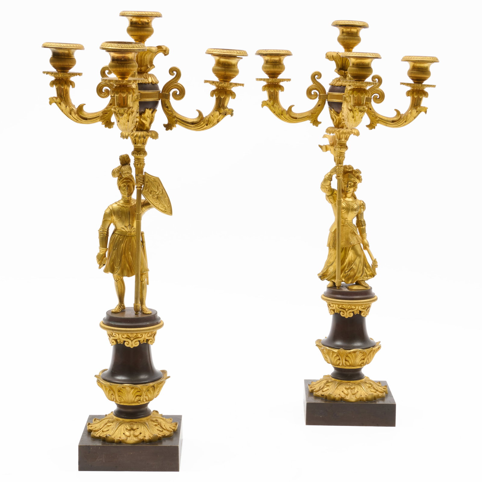 Pair of Napoleon III Patinated and Gilt-Bronze Three Light Figural Candelabra: Pair of Napoleon III Patinated and Gilt-Bronze Three Light Figural Candelabra 22 x 5 x 5 in., the bases. The Collection of James M. Labaugh Antiques, Pound Ridge, NY.