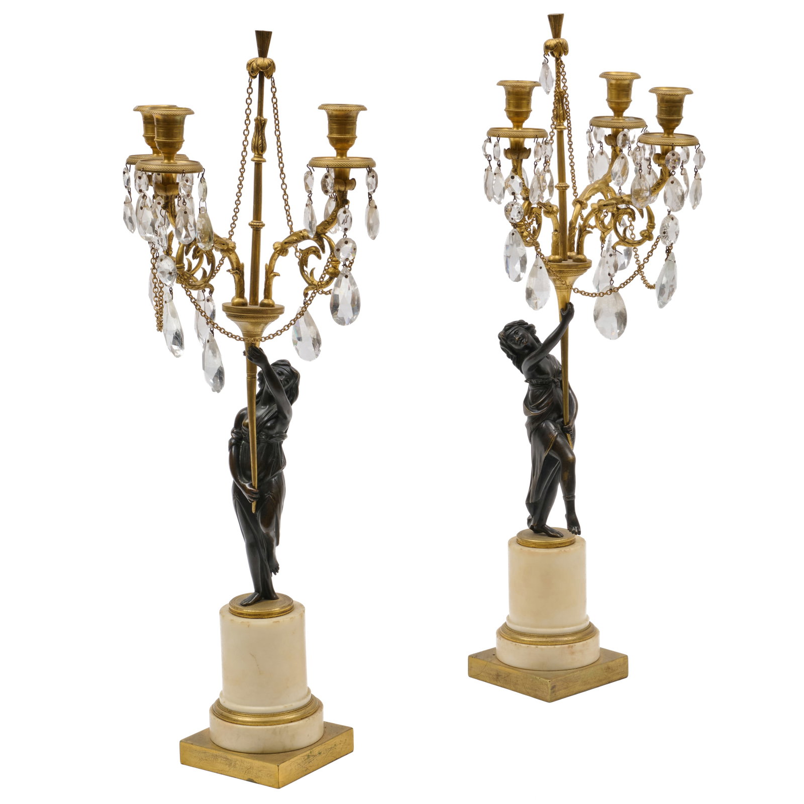 Pair of Louis XVI Style Patinated and Gilt-Bronze-Mounted Marble Three Light Figural Candelabra (1 of 8)
