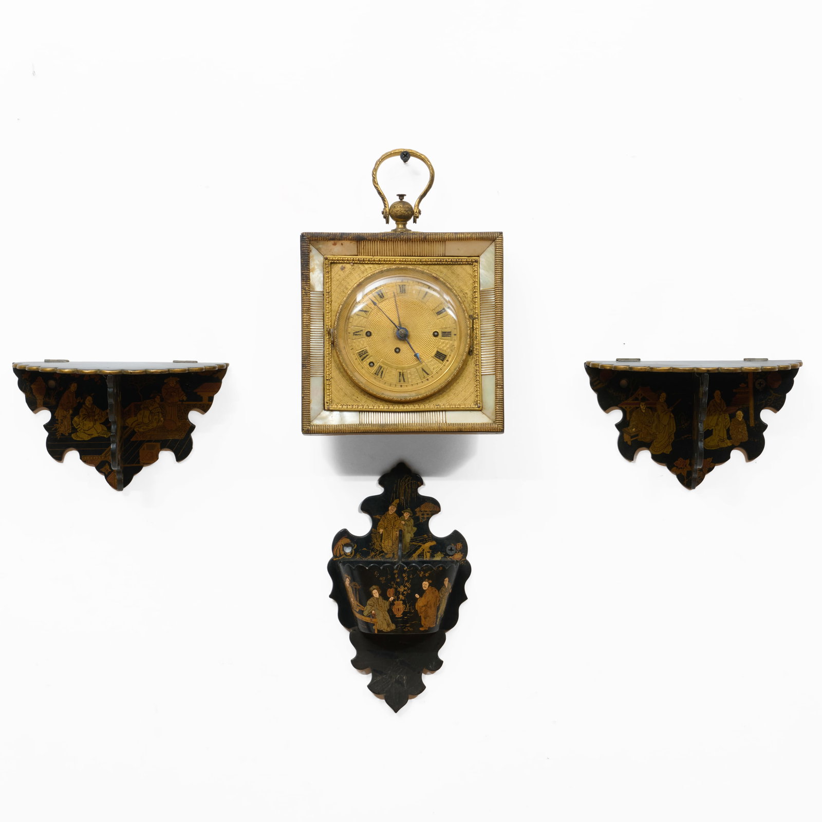 Gilt-Bronze, Ebonized and Mother-of-Pearl Clock and a Pair of Chinese Export Lacquer Brackets and a (1 of 10)