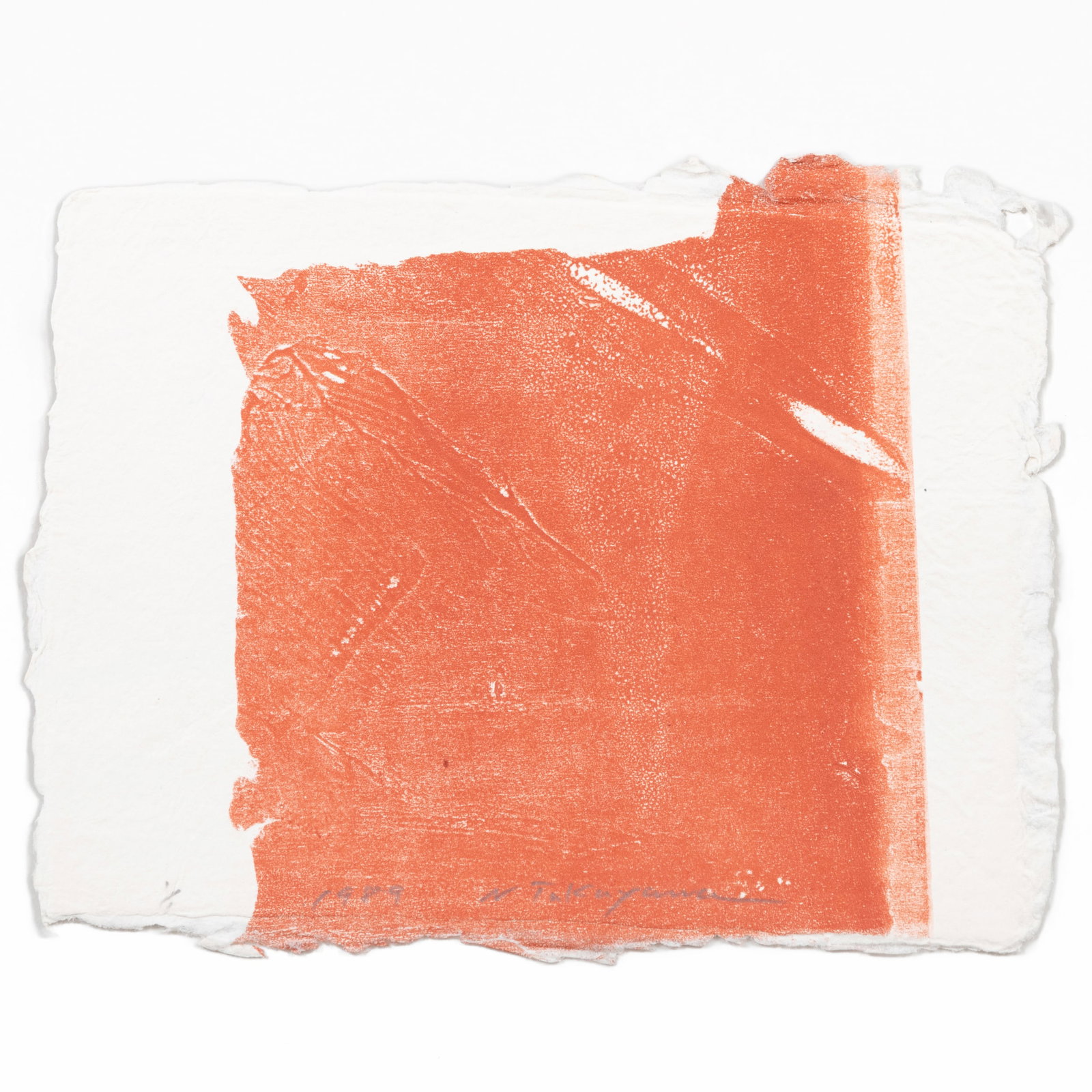 Noburu Takayama (b. 1944): Untitled; and Untitled: Noburu Takayama (b. 1944): Untitled; and Untitled Two monoprints in orange on handmade paper, 1989, both signed, dated and numbered 1/1 in pencil. Both 7 1/2 x 8 1/4 in. (sheet), unframed.