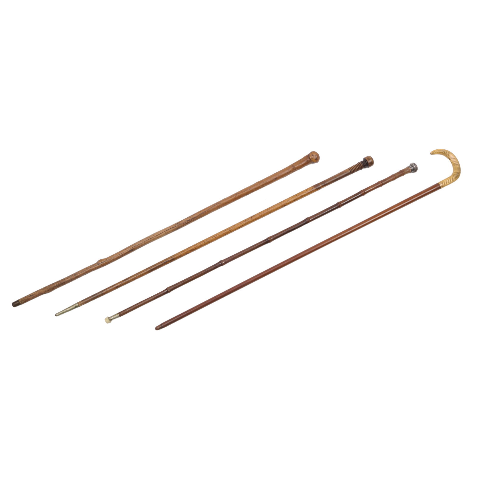 Walking Stick with Gold Plated Handle, a Silver Handle Walking Stick, and Two Wood Walking Sticks (1 of 6)