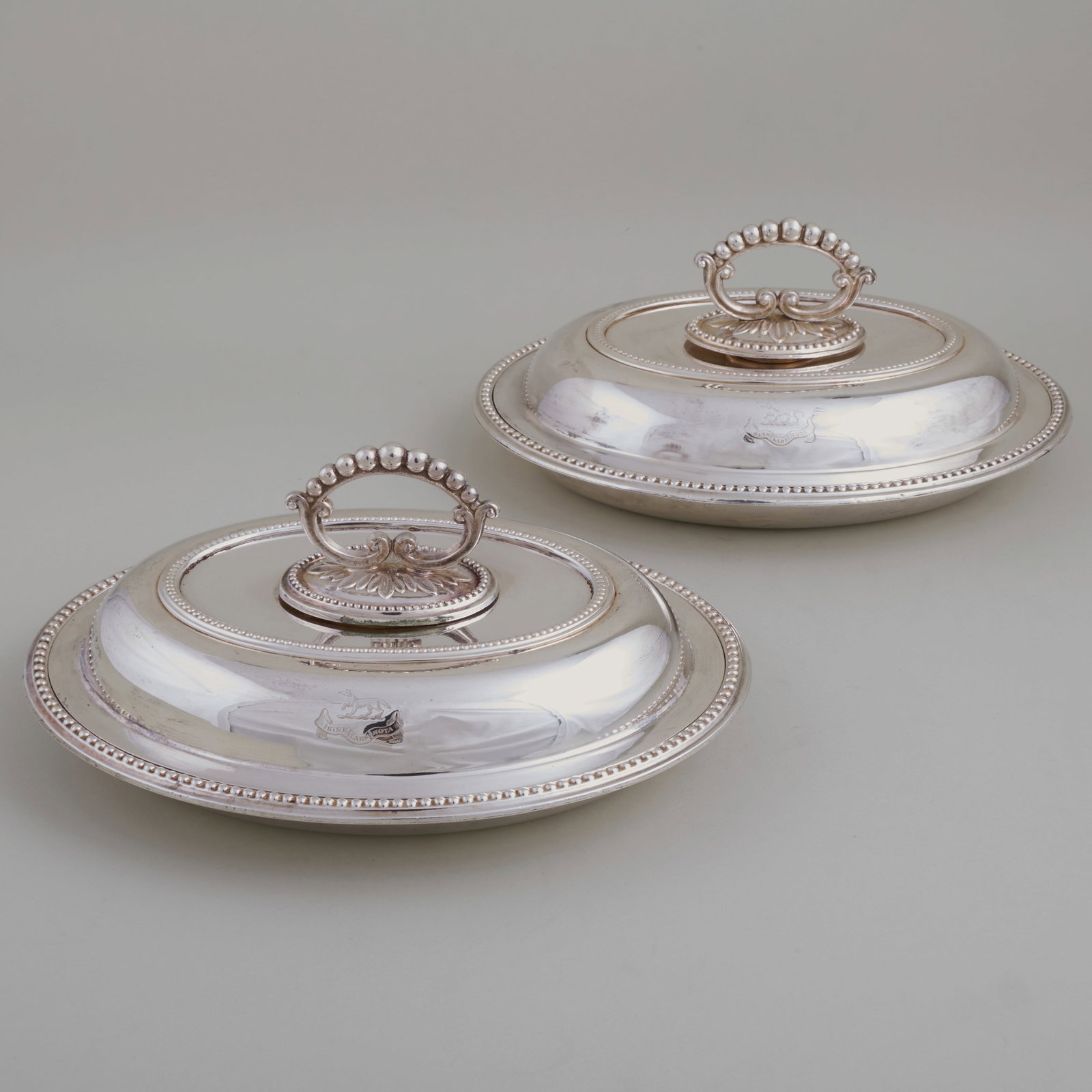 Pair of Silver Plate Entree Dishes Engraved with Crests (1 of 12)