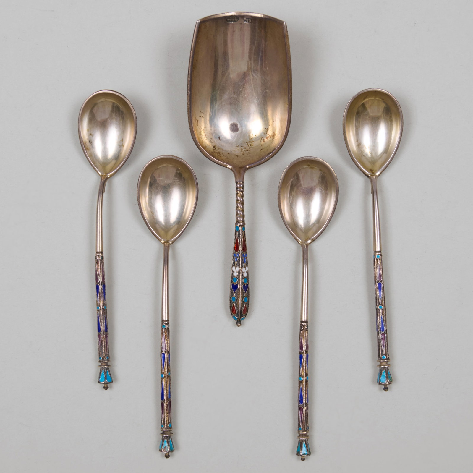 Group of Five Russian Enameled Silver Spoons (1 of 8)