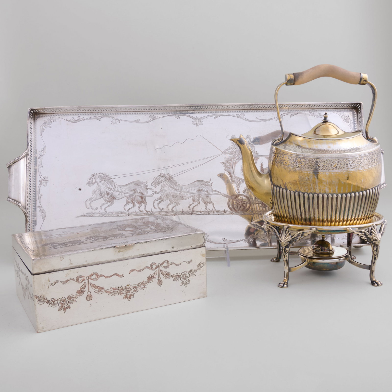 Silver Plate Tray and Box with Coaching Scenes and a Hot Water Kettle: Silver Plate Tray and Box with Coaching Scenes and a Hot Water Kettle The box lined with wood.The tray 2 1/2 x 21 1/2 x 9 in.