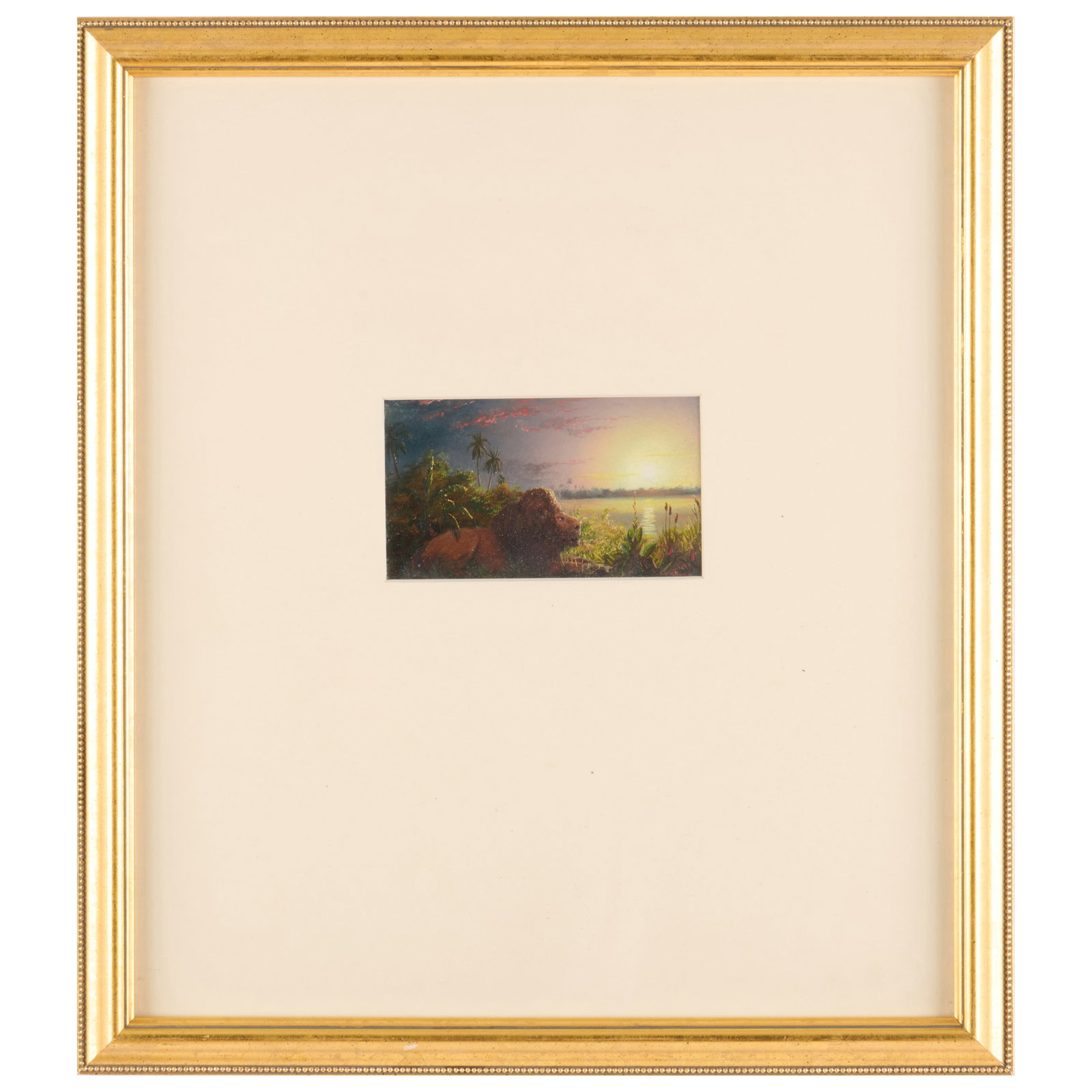 American School: Lion in a Landscape: American School: Lion in a Landscape Oil on paper mounted on paper, indistinctly signed and dated lower right.3 1/8 x 5 3/8 in. (sheet), 17 1/2 x 15 3/4 in. (frame).