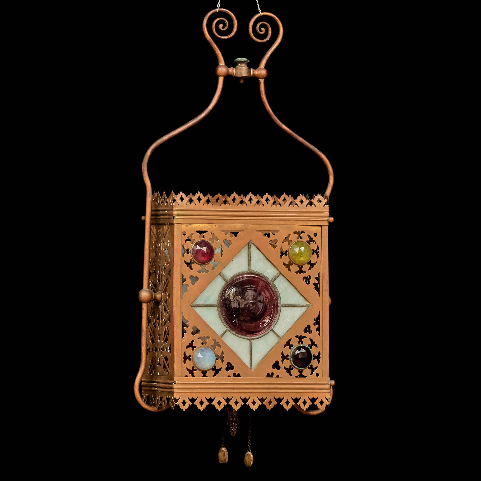 Aesthetic Movement Pierced Copper Hall Fixture: Aesthetic Movement Pierced Copper Hall Fixture With colored and leaded glass cabochons, never fitted for electricity.26 1/2 x 13 x 6 in. Property from the Collection of Joan Bogart.
