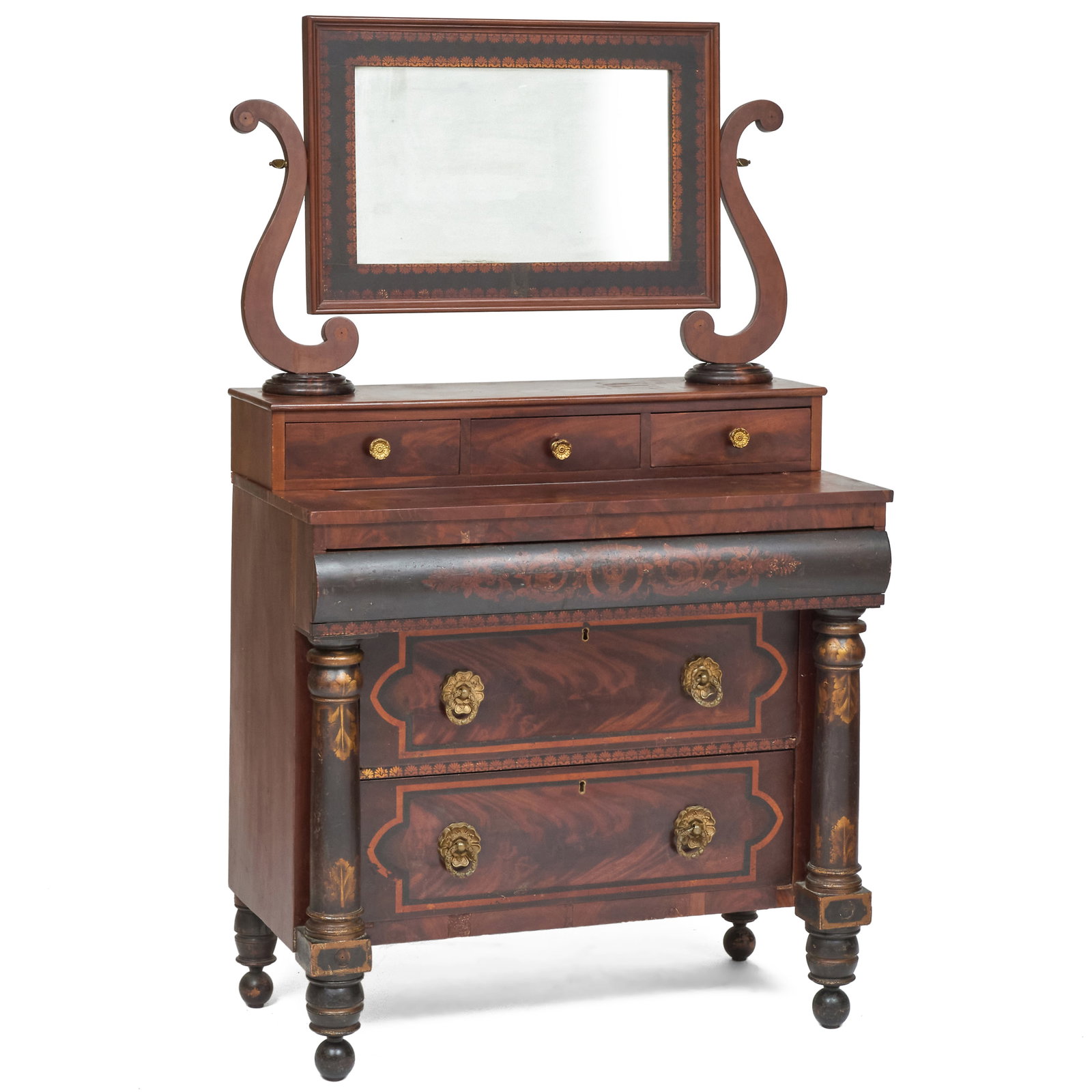 American Empire Ebonized and Stencil Decorated Mahogany Dressing Bureau: American Empire Ebonized and Stencil Decorated Mahogany Dressing Bureau 64 x 37 1/2 x 20 in. Property from the Collection of Joan Bogart.