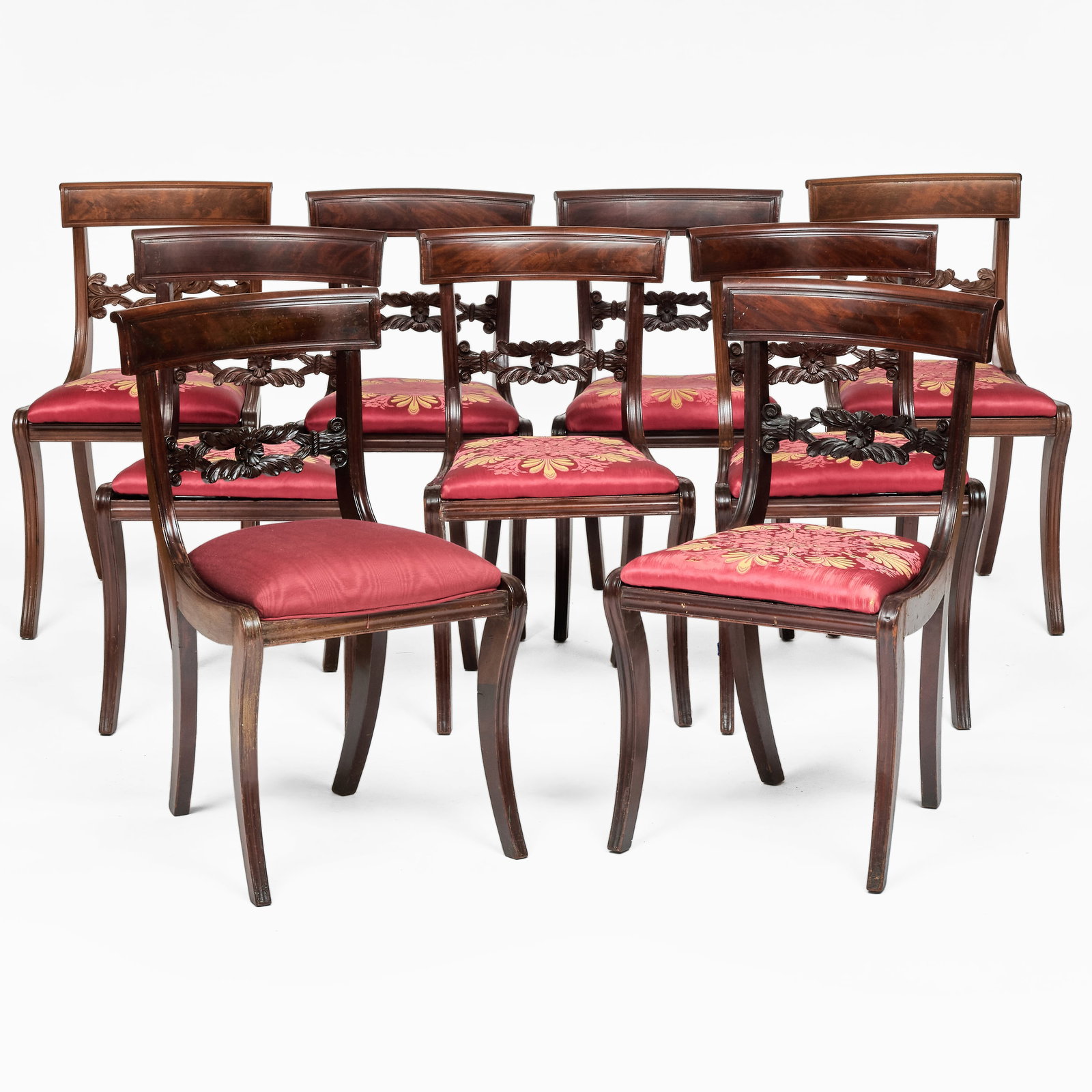 Assembled Set of Nine Carved Mahogany Klismos Chairs: Assembled Set of Nine Carved Mahogany Klismos Chairs Each approx. 31 1/2 x 18 x 19 in., seat height 17 1/2 in. Property from the Collection of Joan Bogart.