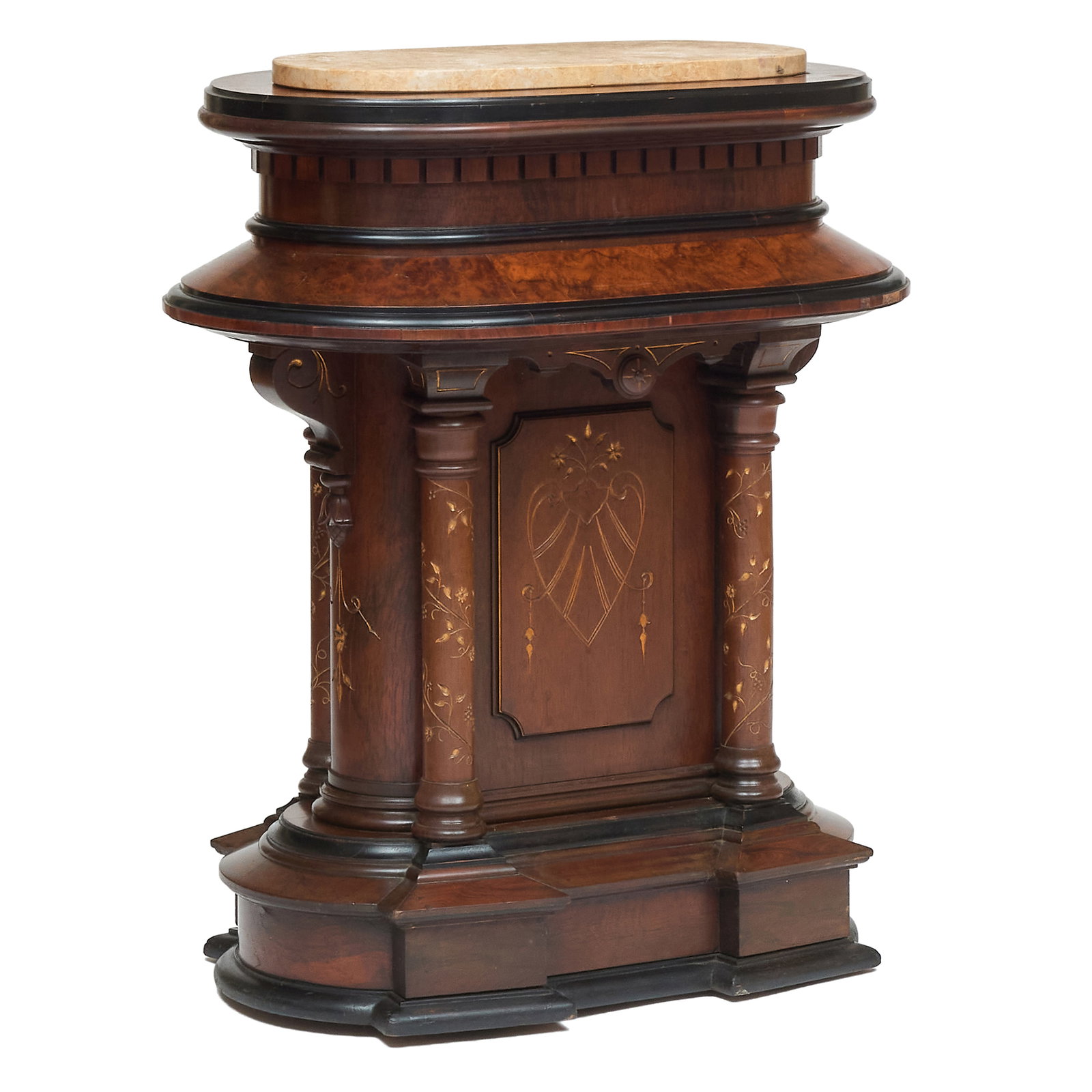 Renaissance Revival Ebonized, Gilt Incised Rosewood and Burl Walnut Marble Top Pedestal: Renaissance Revival Ebonized, Gilt Incised Rosewood and Burl Walnut Marble Top Pedestal With casters.36 x 30 x 20 in. Property from the Collection of Joan Bogart.