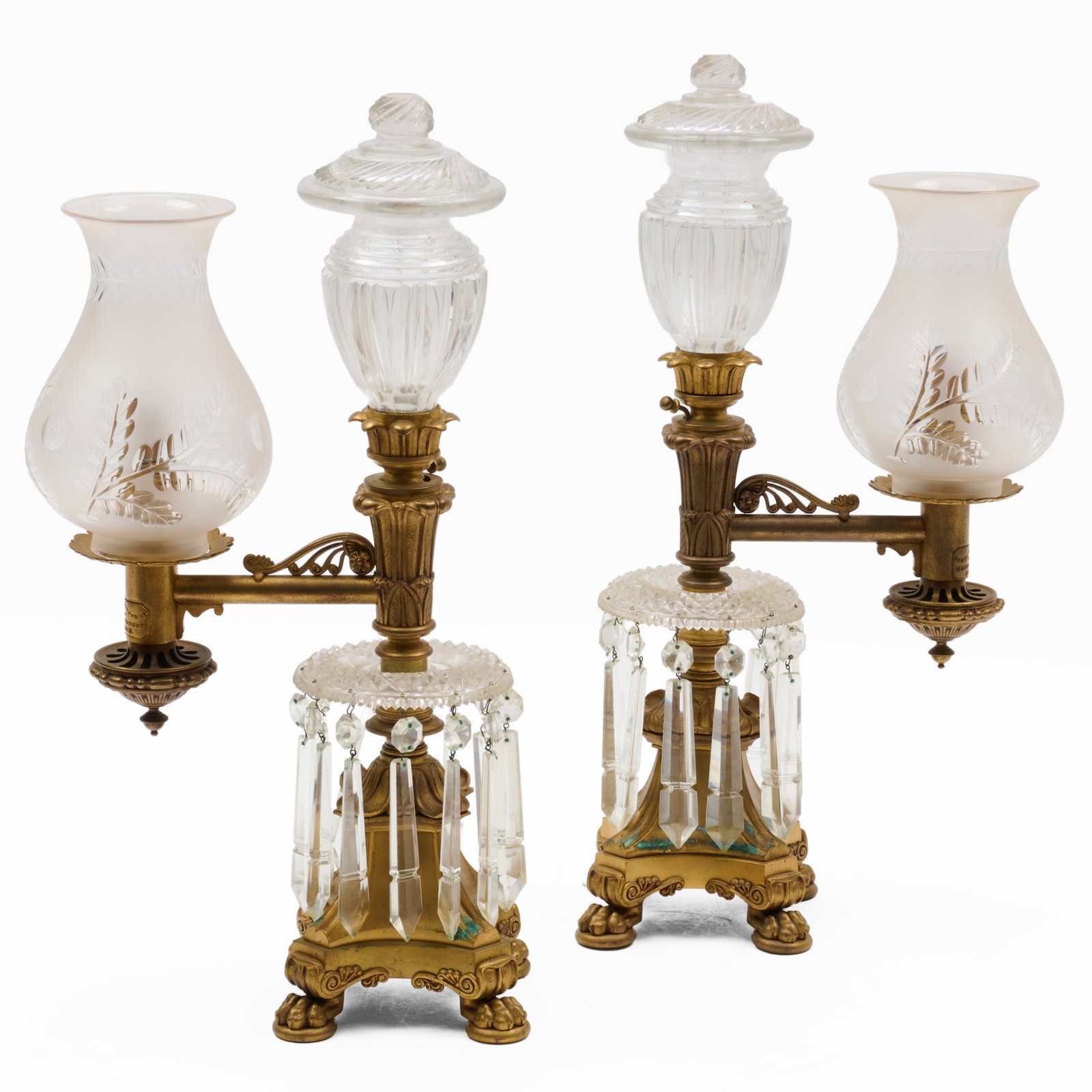 Pair of Single Arm Gilt Bronze and Cut Glass Argand Lamps by Johnston Brookes & Co., London (1 of 11)