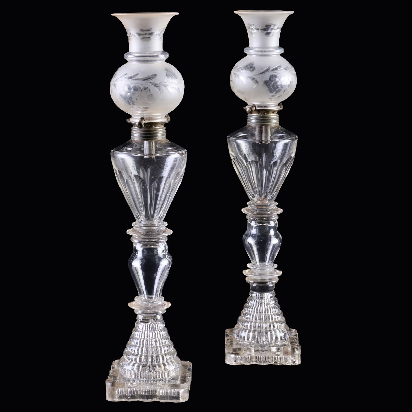 Matched Pair of Molded and Cut Glass Whale Oil Lamps, Attributed to Boston and Sandwich Glass (1 of 8)