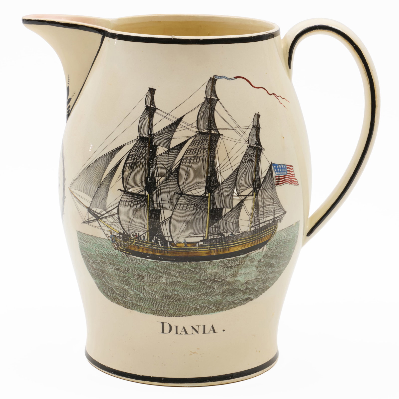 Sunderland Transfer Printed Pitcher with the ship 'Diania': Sunderland Transfer Printed Pitcher with the ship 'Diania' Unmarked.10 x 10 x 6 1/2 in. Property from the Collection of Joan Bogart.