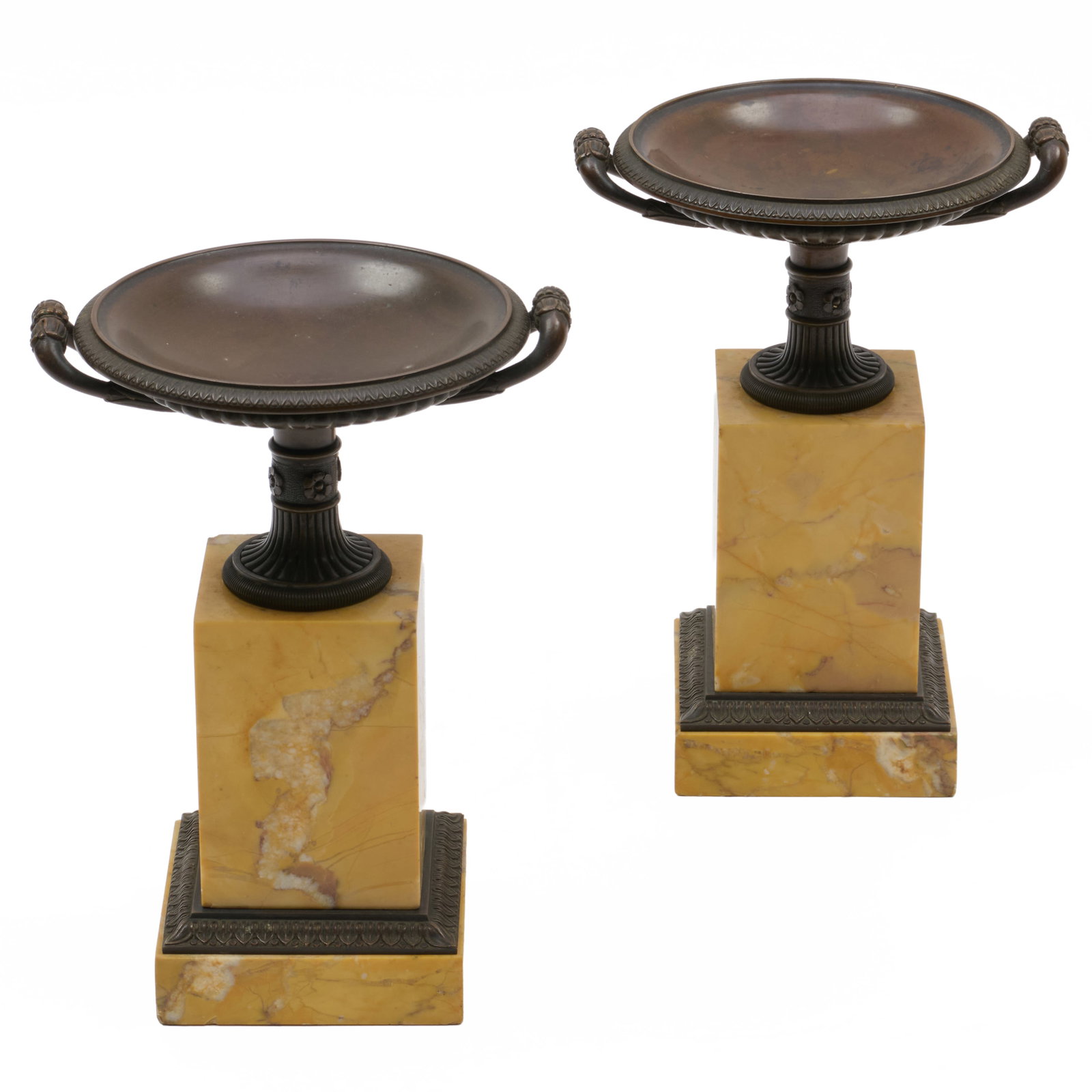 Pair of Charles X Patinated Bronze Tazze on Sienna Marble Plinths: Pair of Charles X Patinated Bronze Tazze on Sienna Marble Plinths 8 3/4 x 6 1/4 x 5 1/2 in. Property from the Collection of Joan Bogart.