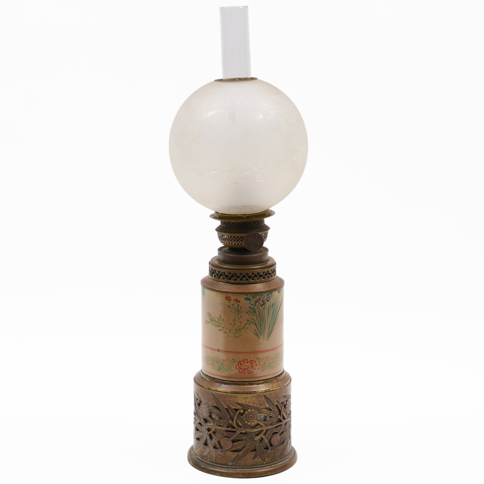 Aesthetic Movement Brass and Satsuma Oil Lamp: Aesthetic Movement Brass and Satsuma Oil Lamp With associated frosted and etched glass shade.25 x 6 in. diam. (to top of shade). Property from the Collection of Joan Bogart.