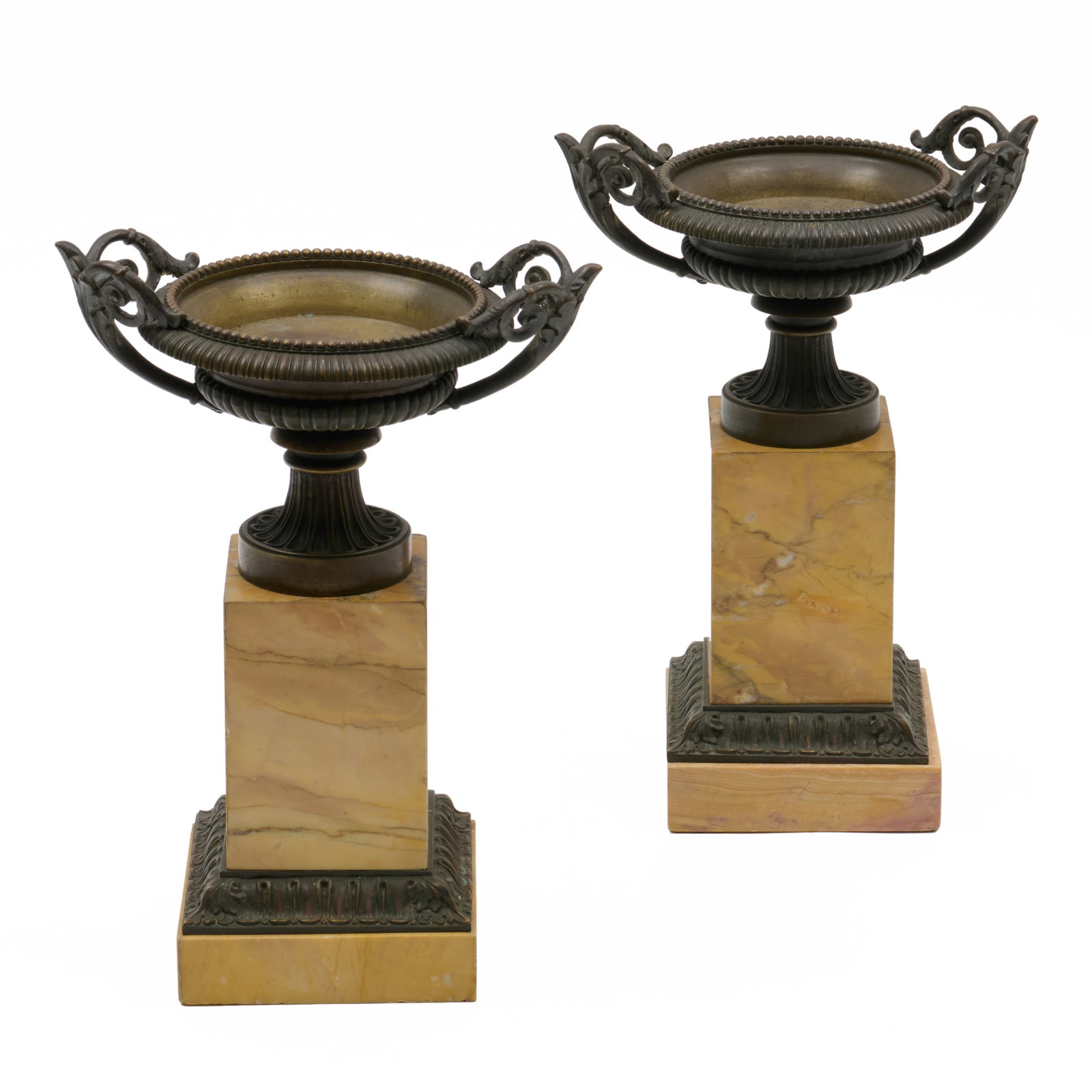Pair of Charles X Patinated Bronze Shallow Urns on Sienna Marble Plinths (1 of 7)