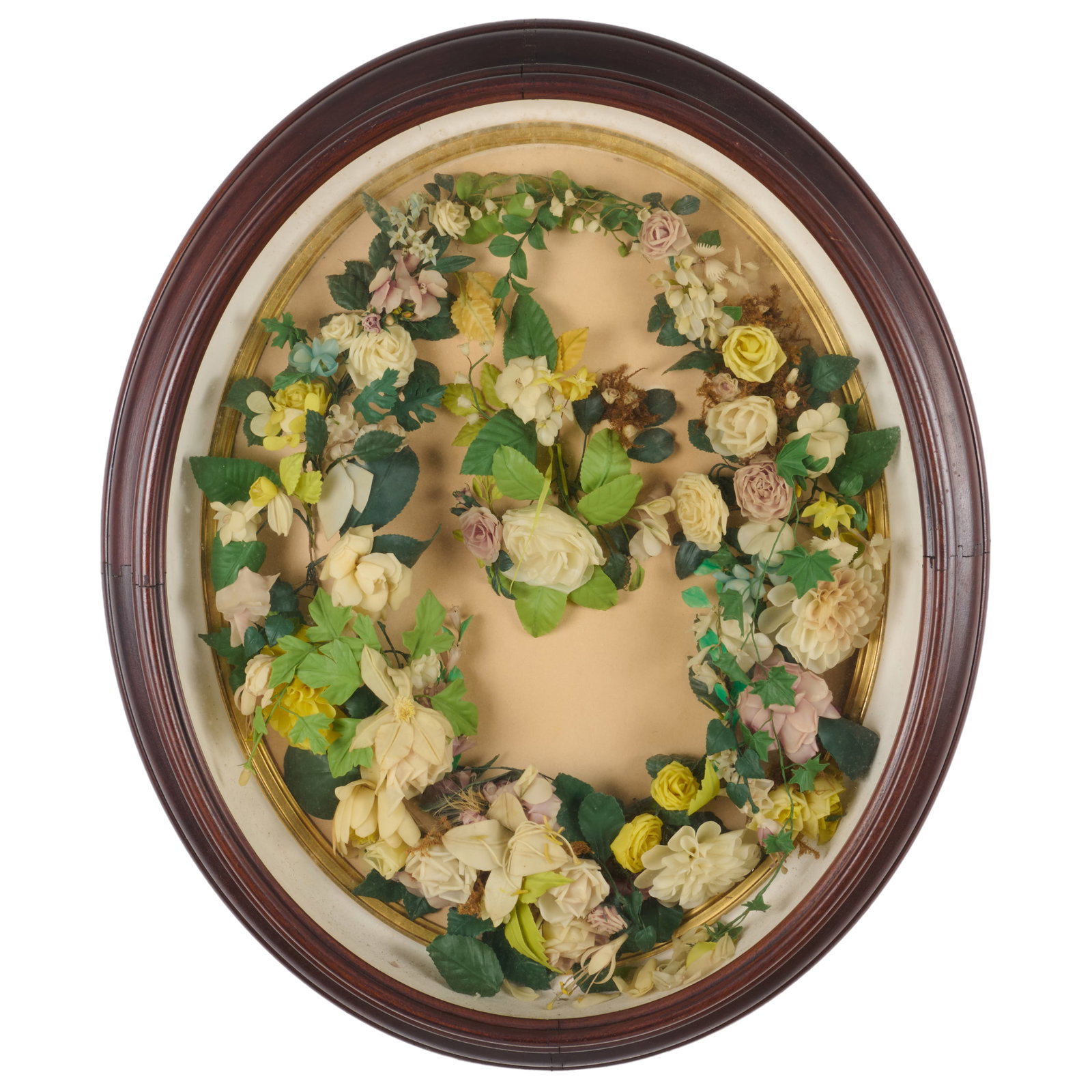 Two Victorian Oval Floral Waxwork Arrangements: Two Victorian Oval Floral Waxwork Arrangements In shadowbox frames.The larger 22 x 26 in., the smaller 17 x 20 1/2 in. Property from the Collection of Joan Bogart.