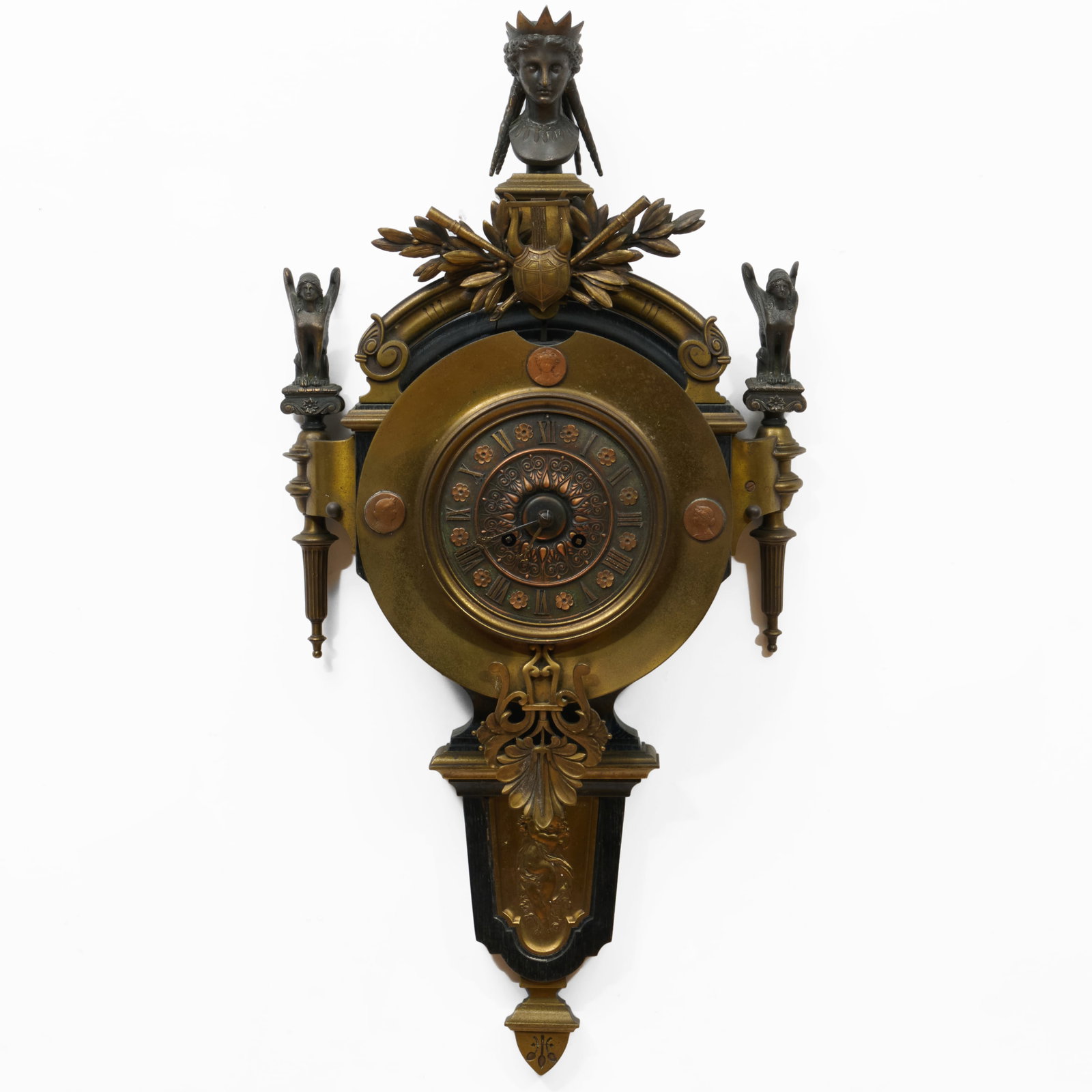 French Neo-Grec Brass and Ebonized Oak Cartel Clock (1 of 9)
