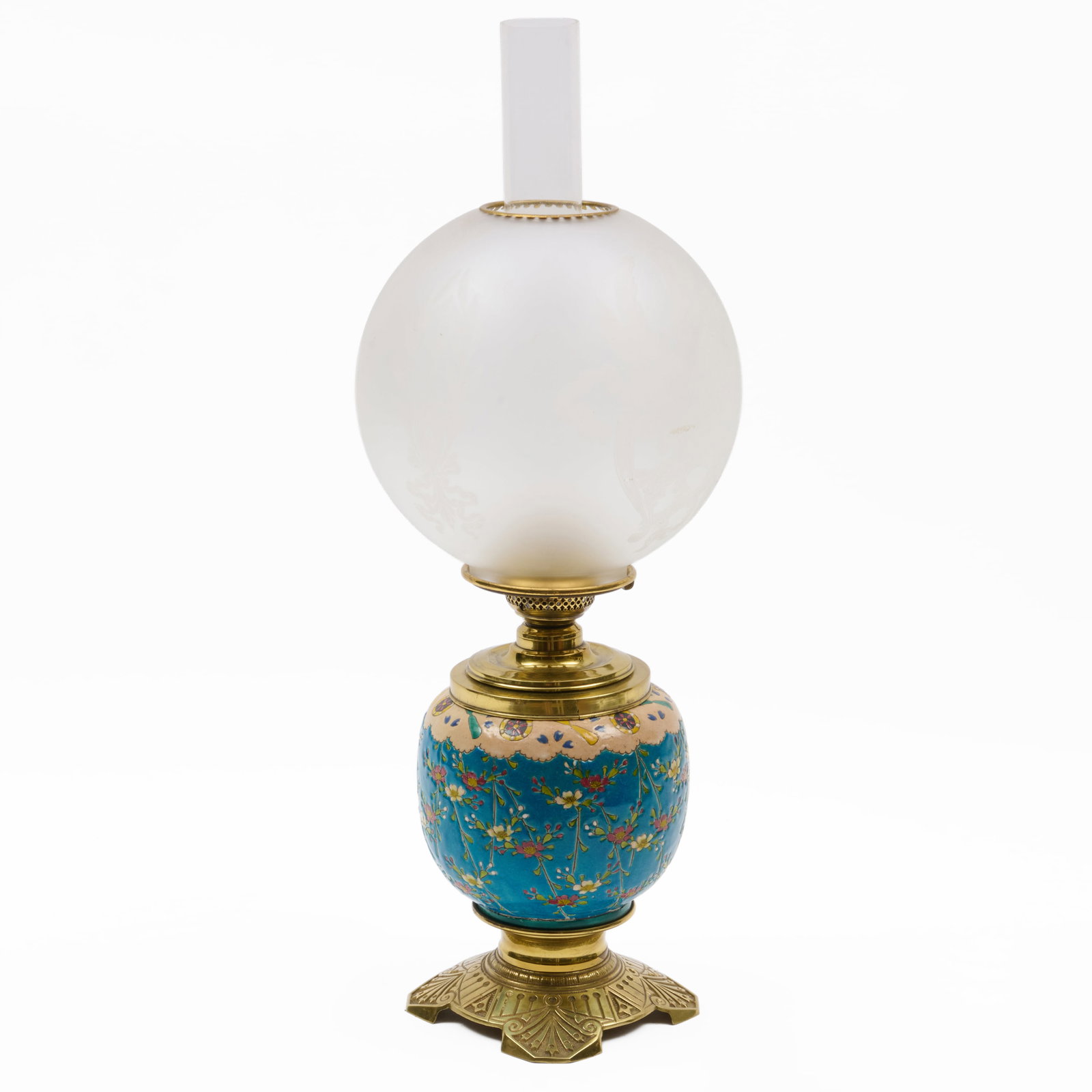 Aesthetic Movement Brass and Satsuma Oil Lamp: Aesthetic Movement Brass and Satsuma Oil Lamp With etched and frosted shade.27 x 7 x 7 in. (to top of shade). Property from the Collection of Joan Bogart.