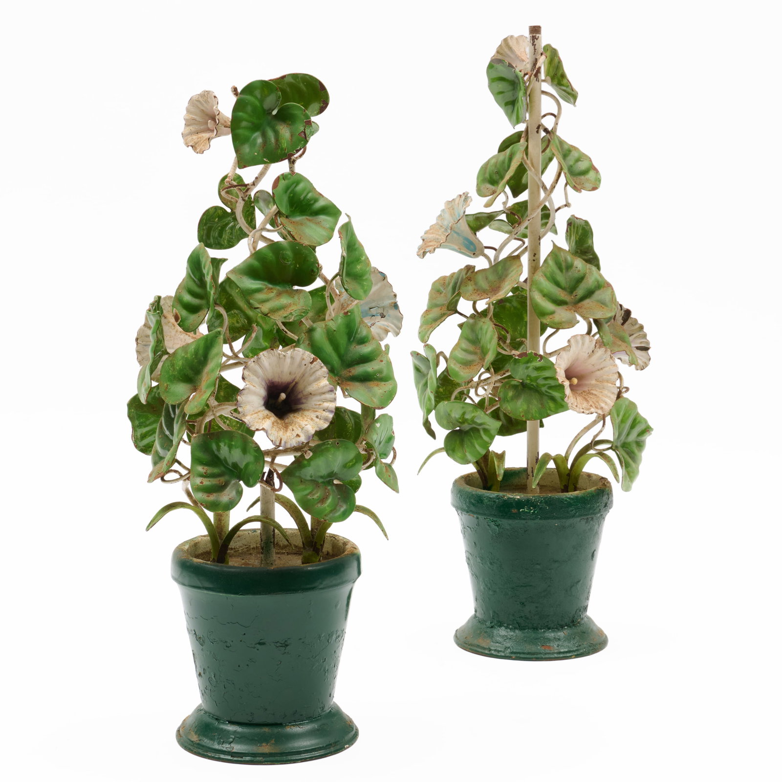Pair of Wrought Iron and Painted Tole Potted Morning Glories (1 of 12)