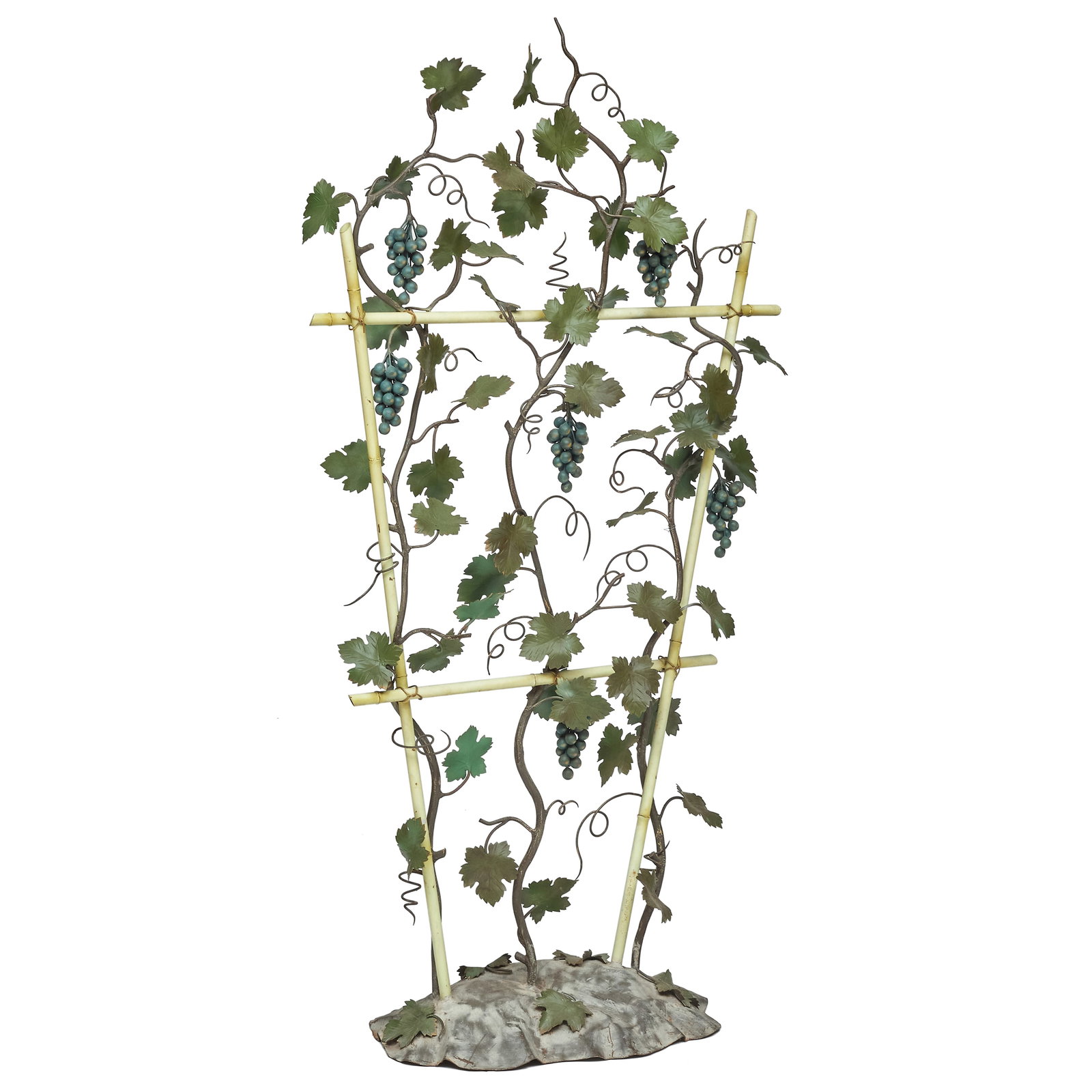 Wrought Iron and Painted Tole Grapevine and Trellis: Wrought Iron and Painted Tole Grapevine and Trellis 64 x 32 x 16 in. Property from the Collection of Joan Bogart.