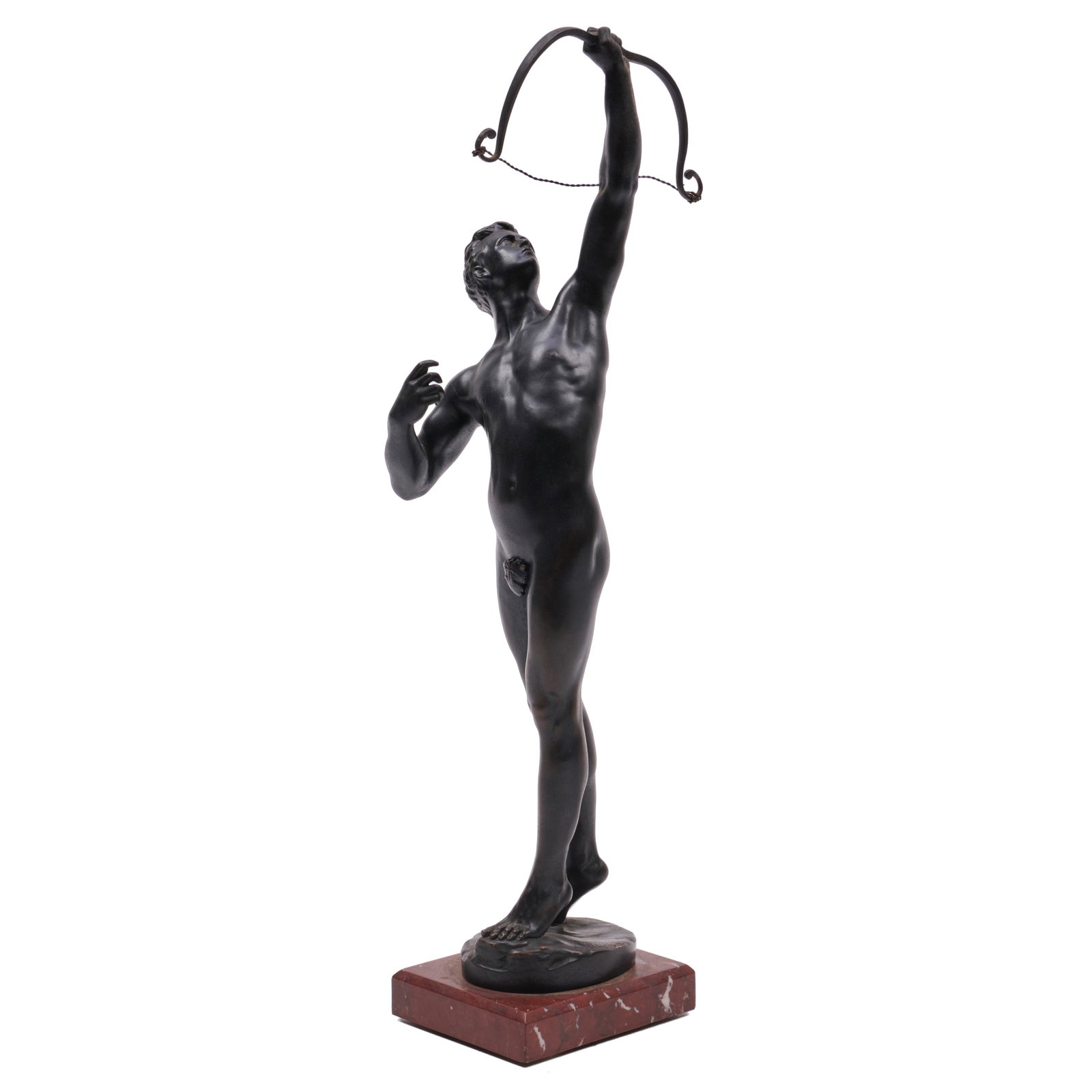 20th Century School: Archer: 20th Century School: Archer Bronze with dark brown patina, indistinctly signed 'J Uph...' lower right, with an indistinct foundry mark along the back edge, on a red marble base. 14 1/2 in. (height