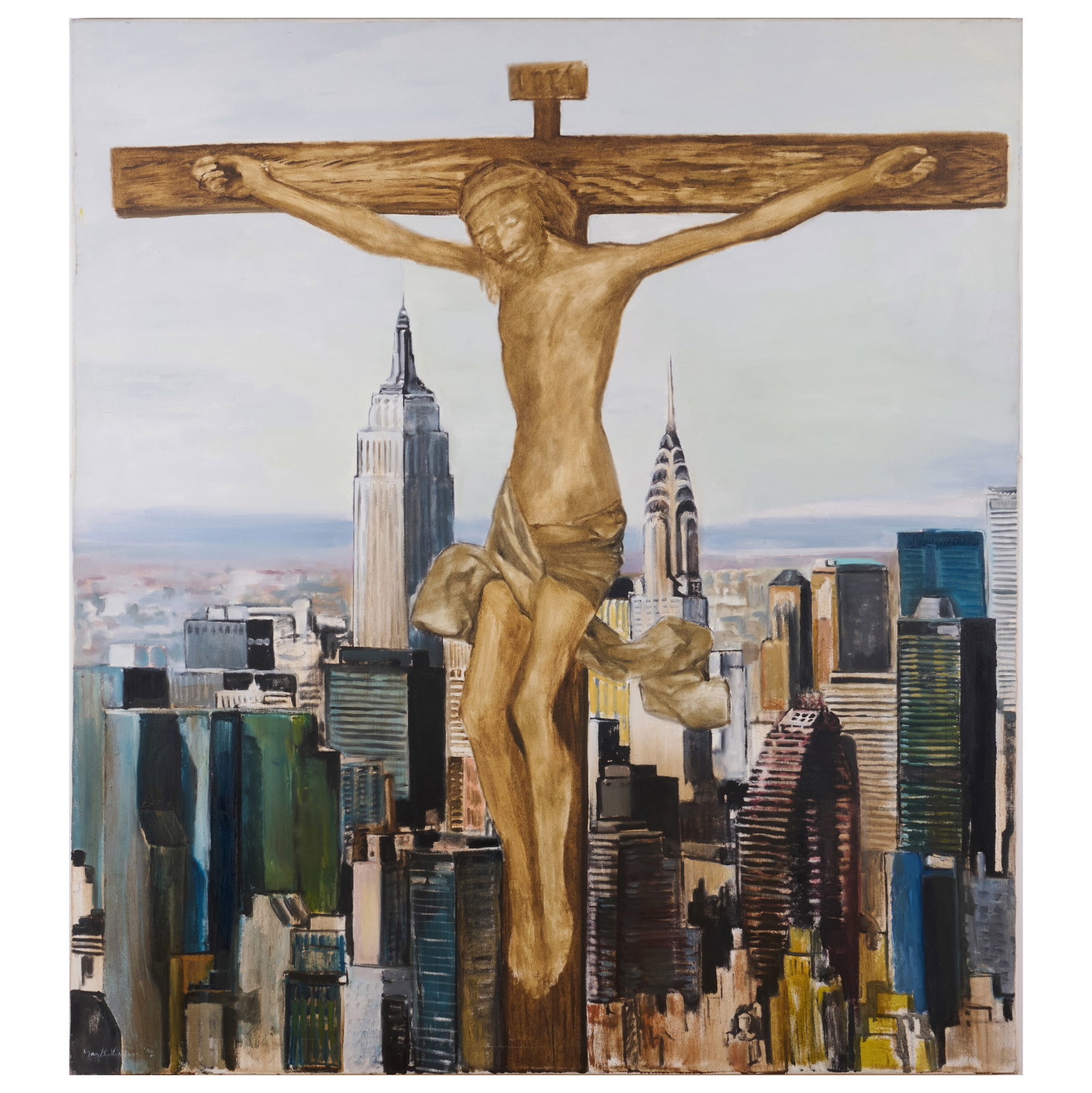 Mark Vinsun (b. 1961): Martyr Over Manhattan: Mark Vinsun (b. 1961): Martyr Over Manhattan Oil on canvas, 1992, signed 'Mark Vinsun', titled and dated on the reverse. 60 x 54 in., unframed. The Collection of Roger S. Wieck and Jean-Francois