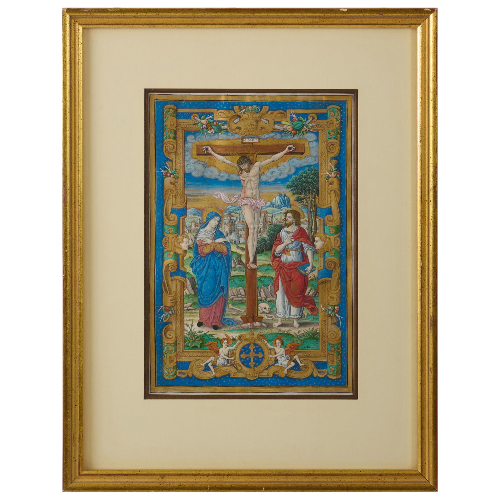 Double Sided Illuminated Woodcut from a Missal Depicting the Crucifixion, with Musical Notation on: Double Sided Illuminated Woodcut from a Missal Depicting the Crucifixion, with Musical Notation on Verso Ink, gouache and gold on vellum.11 1/4 x 7 1/4 in. (sight), 18 x 14 in. (frame). The