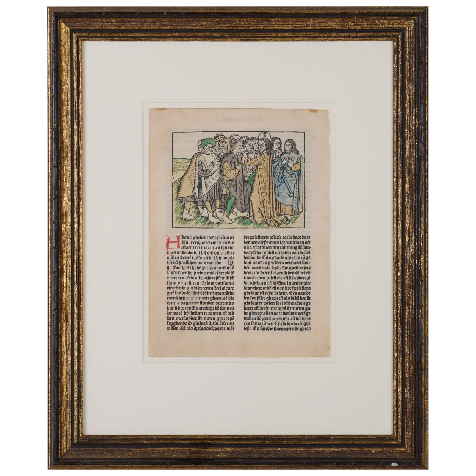 Two German Colored Woodcuts: Two German Colored Woodcuts Comprising:A framed leaf with woodcut depicting Jesus HealingA framed woodcut of 'The Agony in the Garden', circle of Urs GrafThe larger 9 1/2 x 7 in., 18 x 15 in.