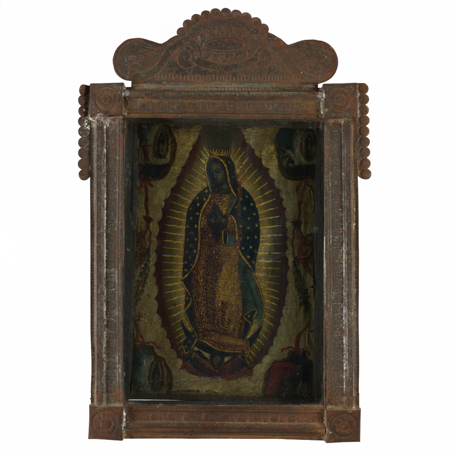 Mexican Retablo of Our Lady of Guadalupe: Mexican Retablo of Our Lady of Guadalupe Oil on canvas with gold highlights.14 1/2 x 10 1/4 in. (sight), 3 x 22 x 15 in. (frame). The Collection of Roger S. Wieck and Jean-Francois Vilain: Sold to