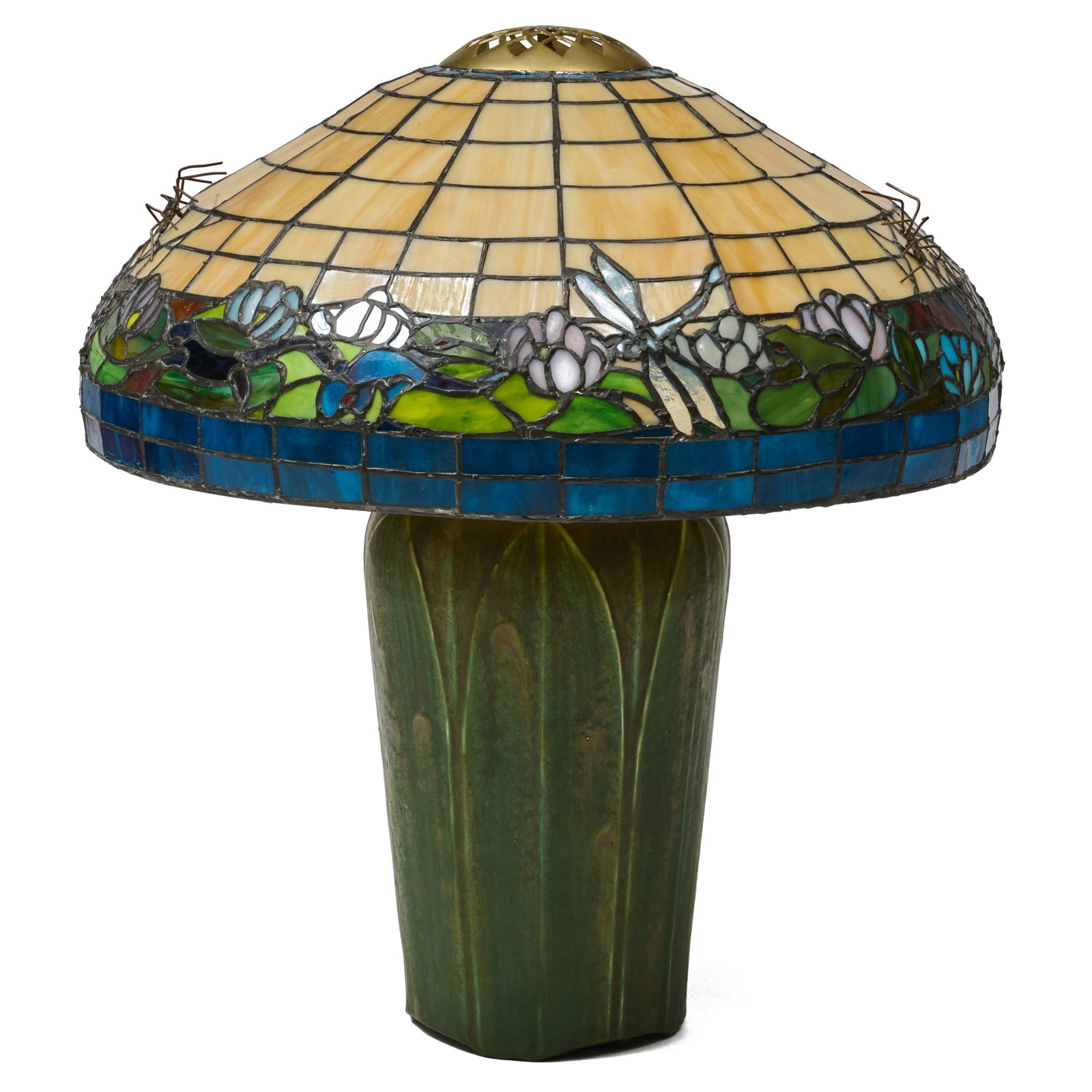 Bryan Willette Stained Glass 'Spider' Shade and a Grueby Pottery Vase Mounted as a Lamp: Bryan Willette Stained Glass 'Spider' Shade and a Grueby Pottery Vase Mounted as a Lamp The shade 10 x 26 in. diam.,, the lamp 18 1/2 x 8 in. diam., 26 x 22 in. diam. (overall). The Collection of